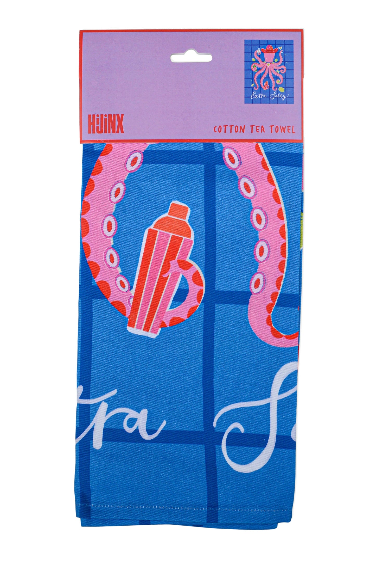 Packaged tea towel with pink octopus design and 'Hunk' branding on a white background