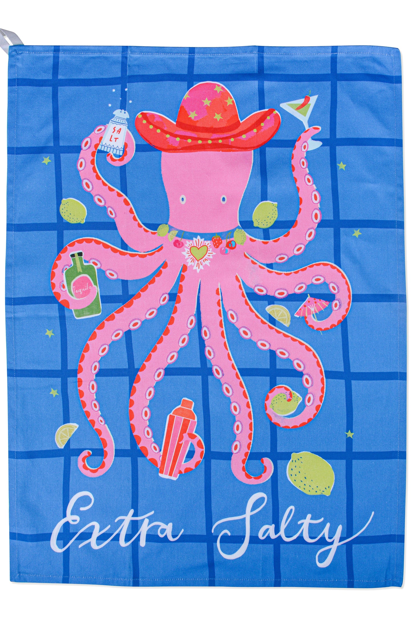 Towel with a pink octopus wearing a red hat and sunglasses on a blue checkered background.