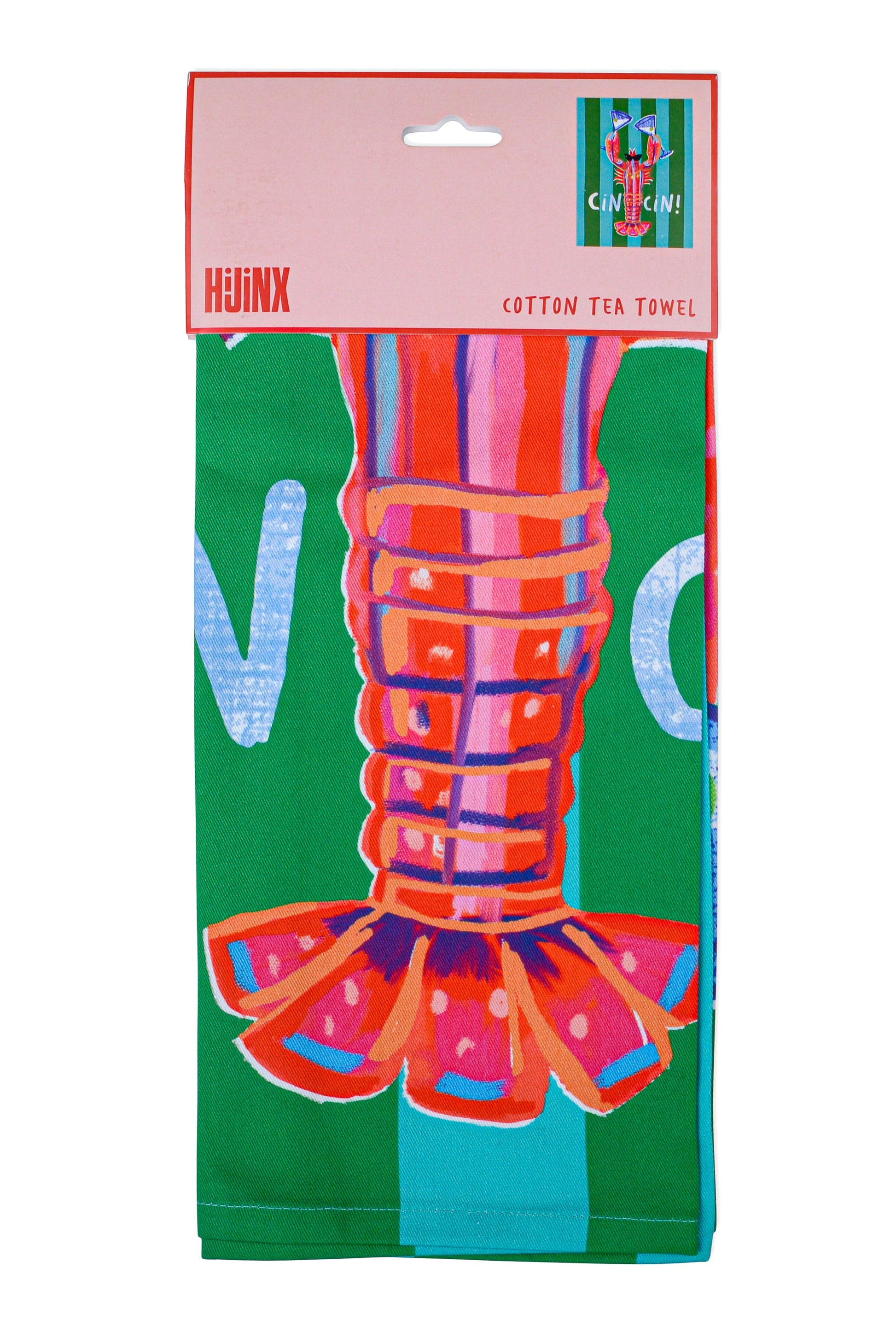 Cotton tea towel packaging with colorful design on a white background