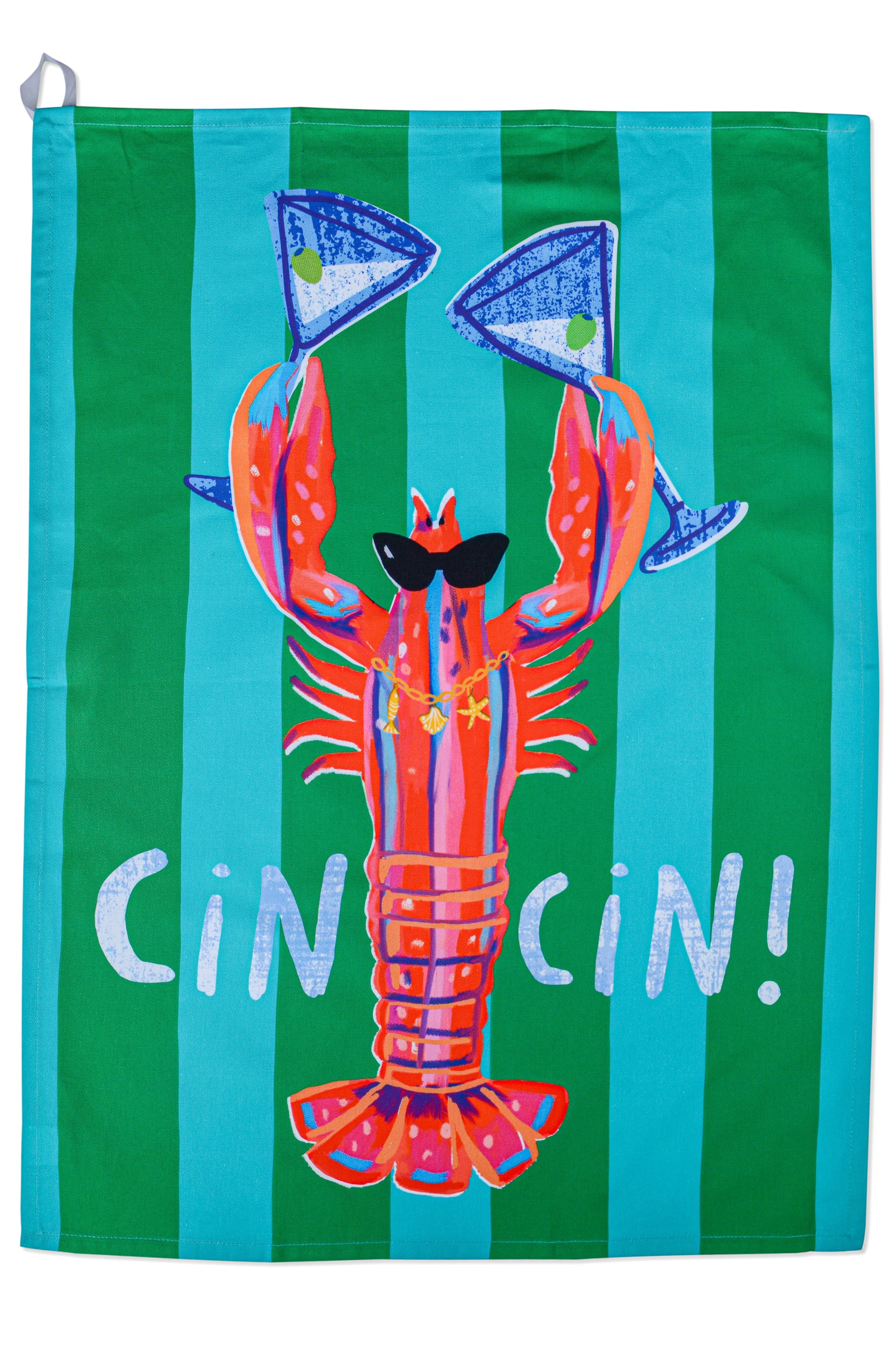 A decorative tea towel featuring a colorful lobster wearing sunglasses and holding blue cocktail glasses, with the text 'Cin Cin!' across the bottom. The background of the flag has vertical stripes in green and turquoise, and a white hanging loop is at the top left.