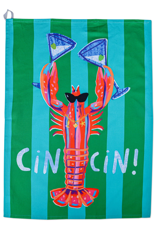A decorative tea towel featuring a colorful lobster wearing sunglasses and holding blue cocktail glasses, with the text 'Cin Cin!' across the bottom. The background of the flag has vertical stripes in green and turquoise, and a white hanging loop is at the top left.
