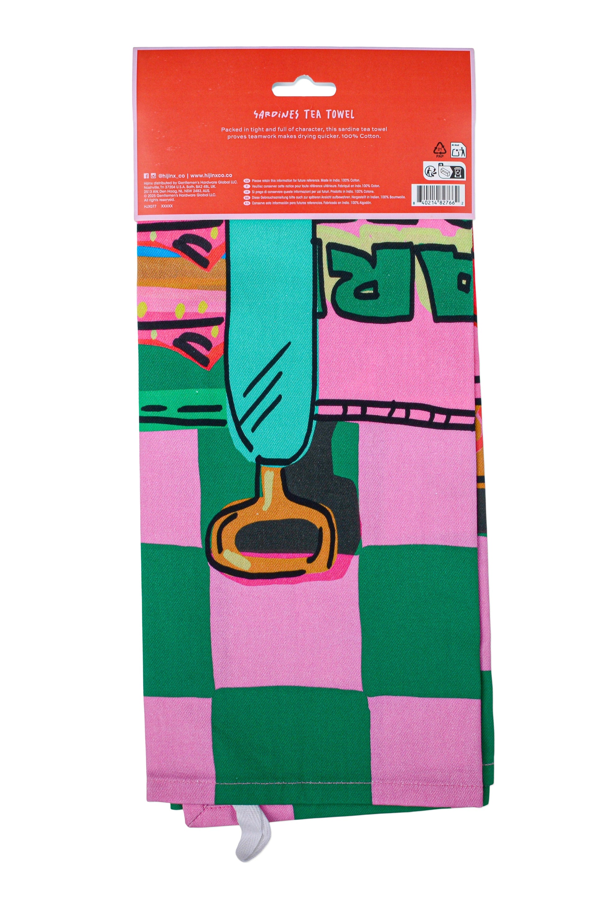 Colorful tea towel with graphic design on a white background