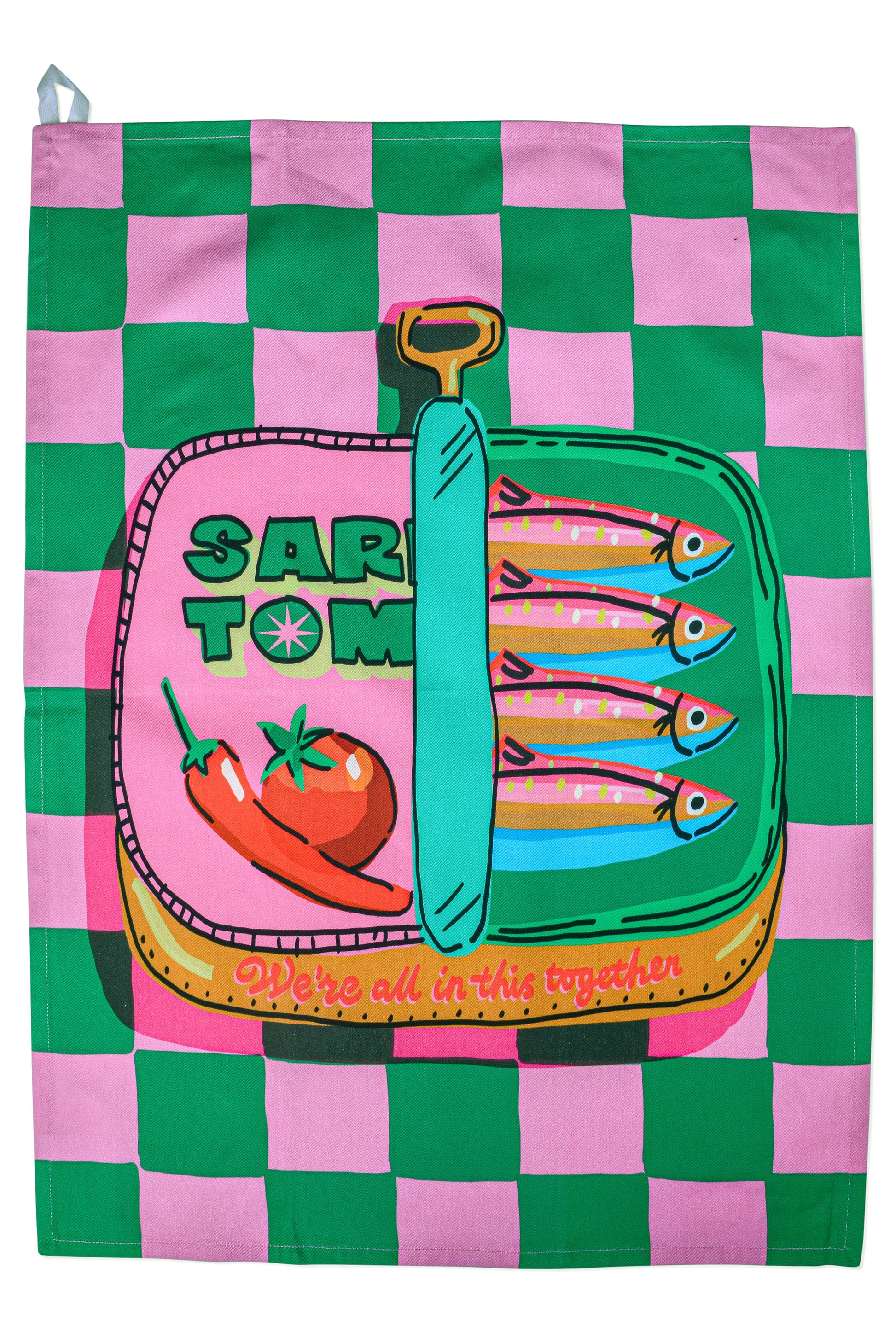Checkered teatowel with a colorful design featuring 'Sard-Tom' on a white background