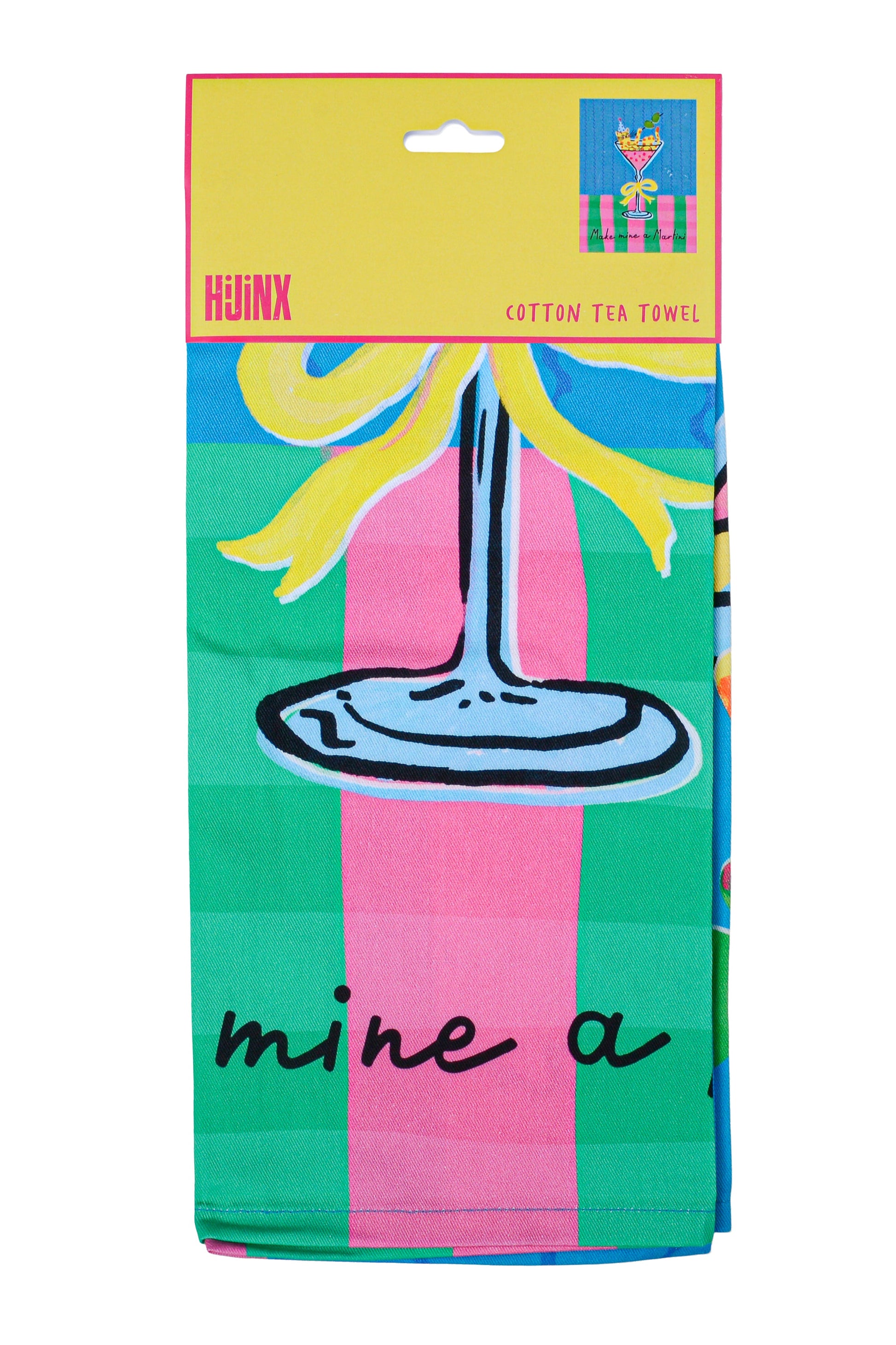 Packaged cotton tea towel with colorful design and text on a white background