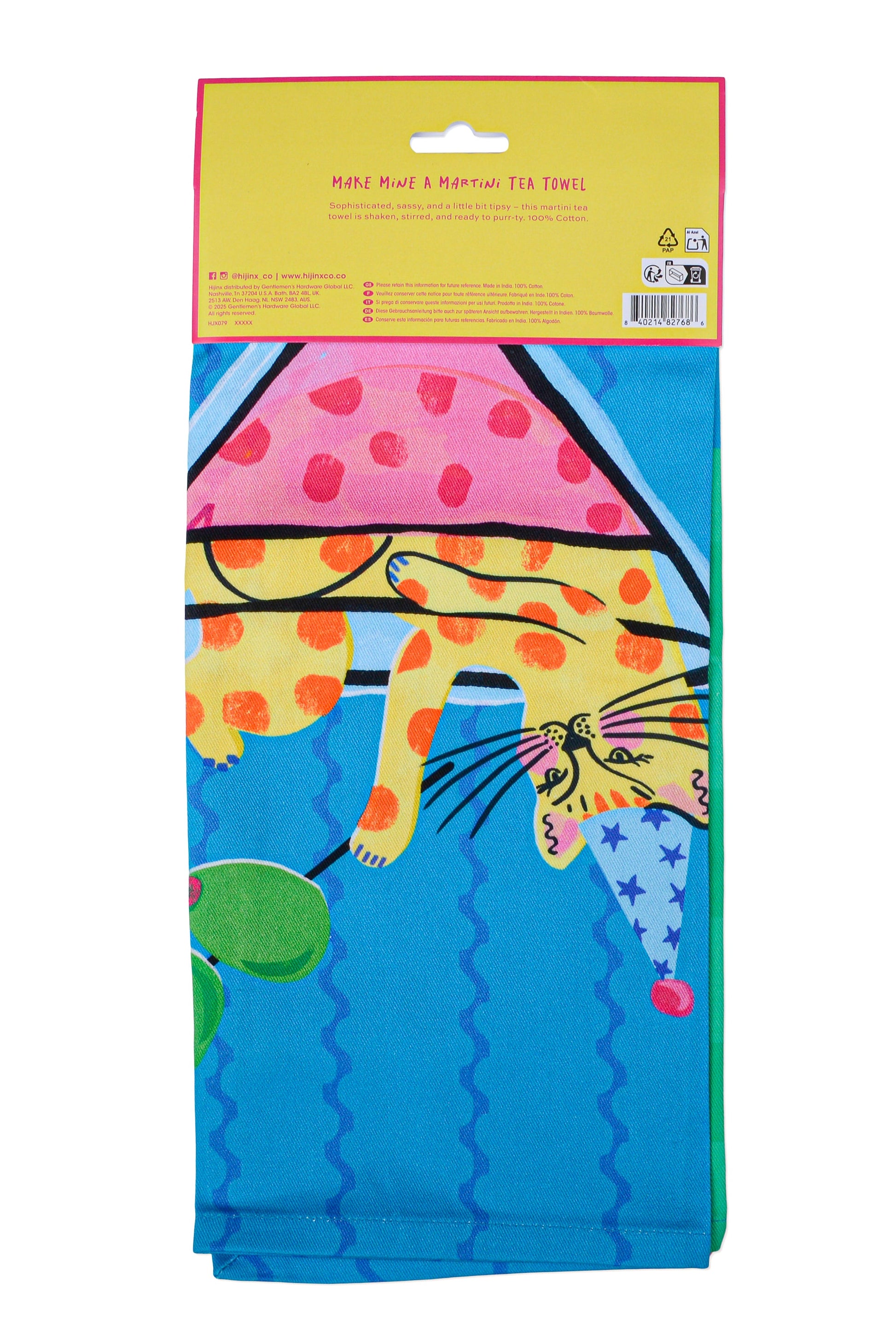 Colorful towel with a cat design on a white background
