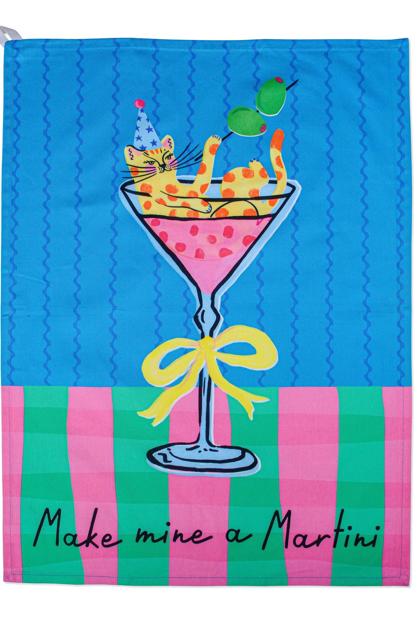 A square decorative garden flag featuring a colorful illustration of a cat in a martini glass with a yellow bow, set against a blue and pink striped background with the text 'Make mine a Martini' at the bottom.