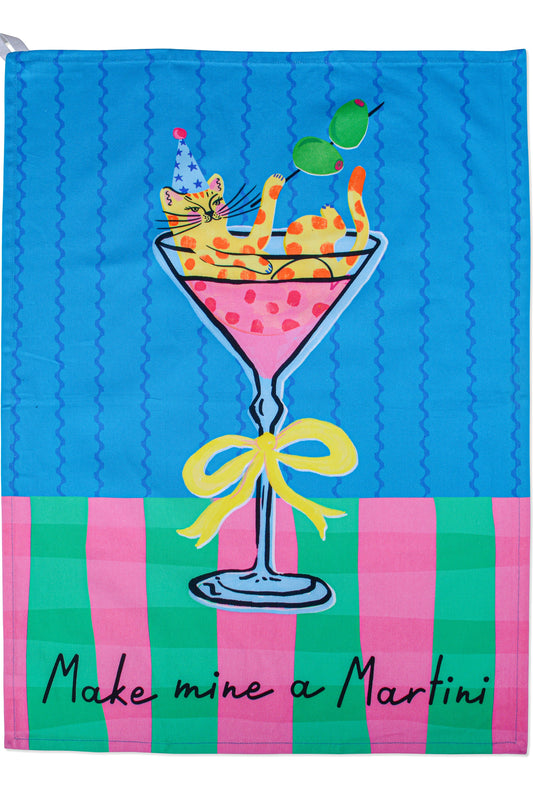A square decorative garden flag featuring a colorful illustration of a cat in a martini glass with a yellow bow, set against a blue and pink striped background with the text 'Make mine a Martini' at the bottom.