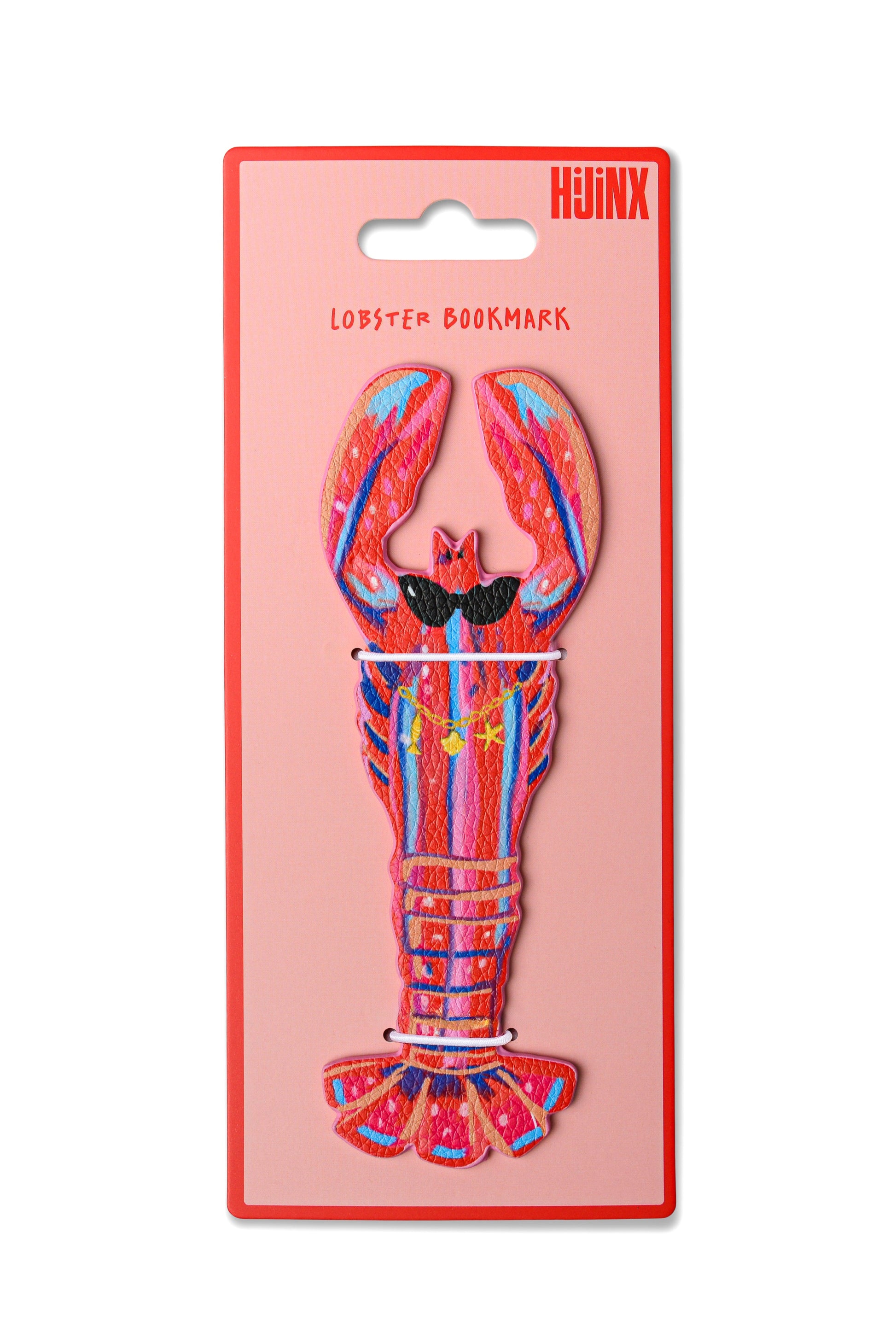 Colorful lobster-shaped bookmark on pink packaging with 'Hujx' branding.