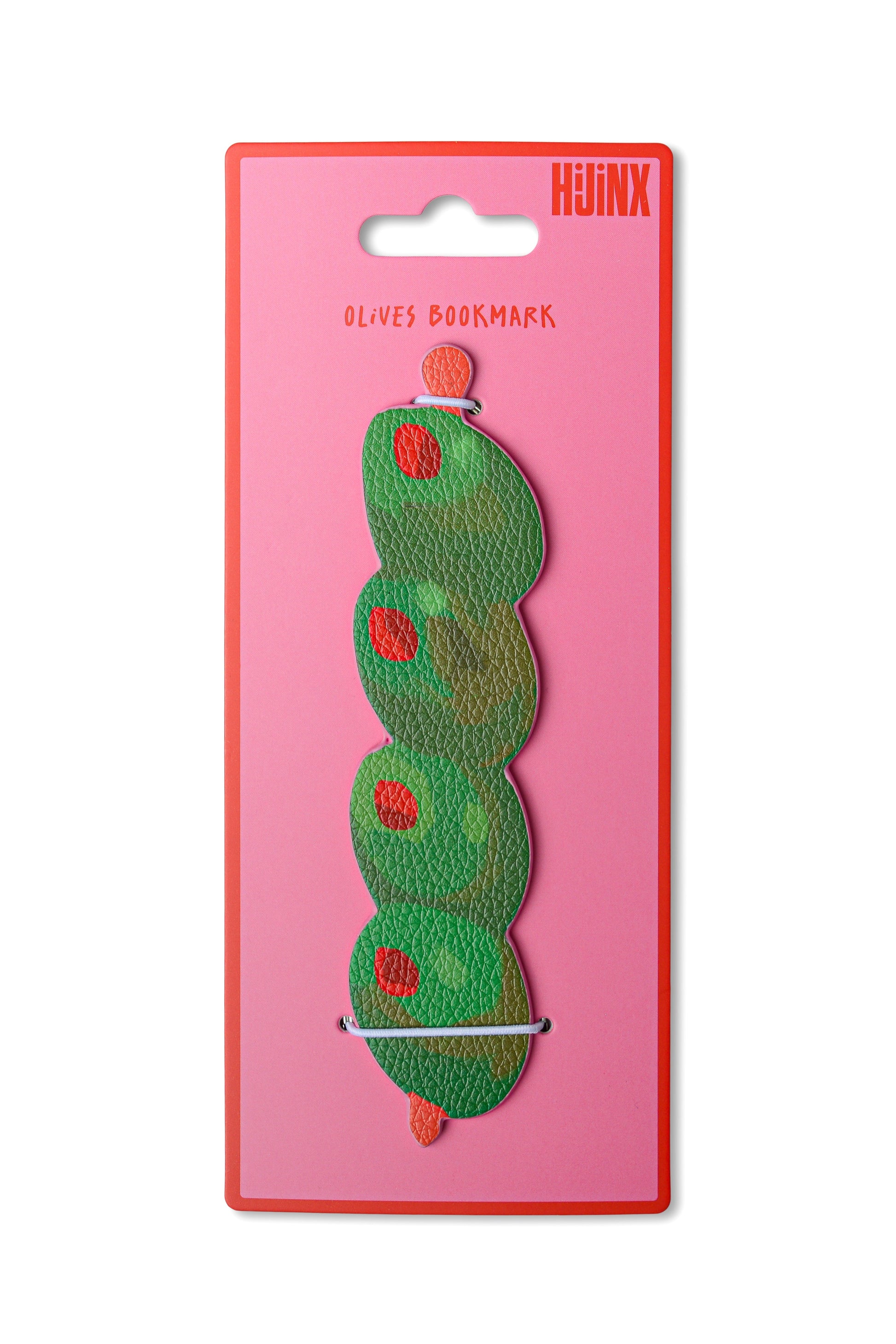 Green olives-shaped bookmark on pink packaging with 'Huinx' branding