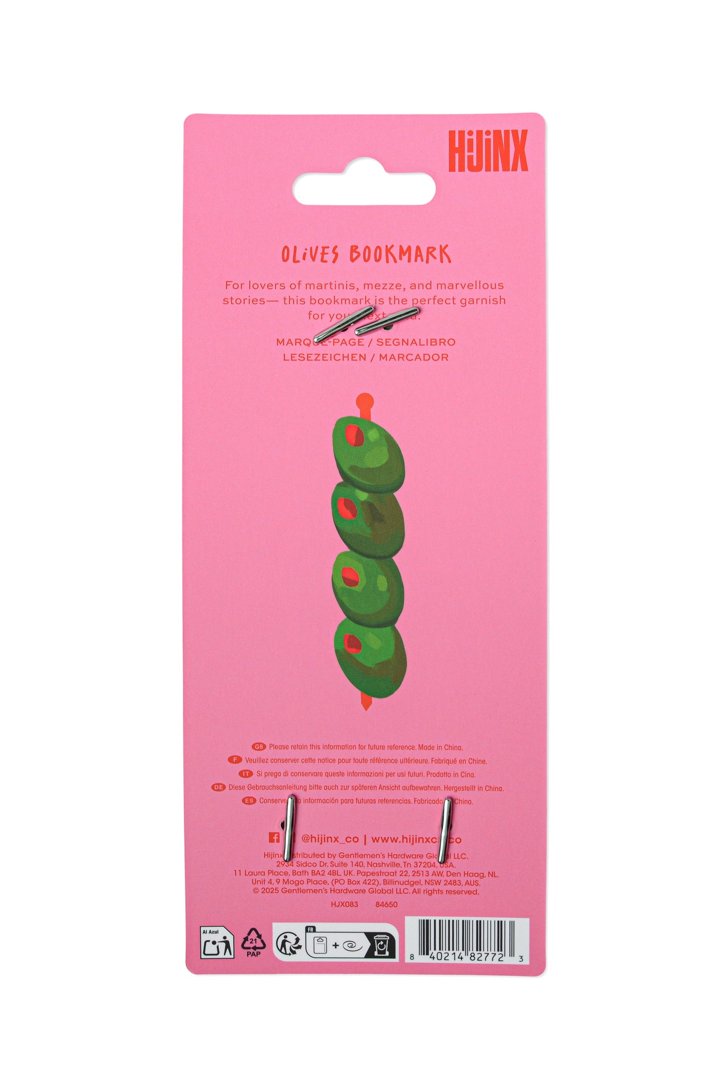 Pink packaging of olives bookmark with brand name on a white background