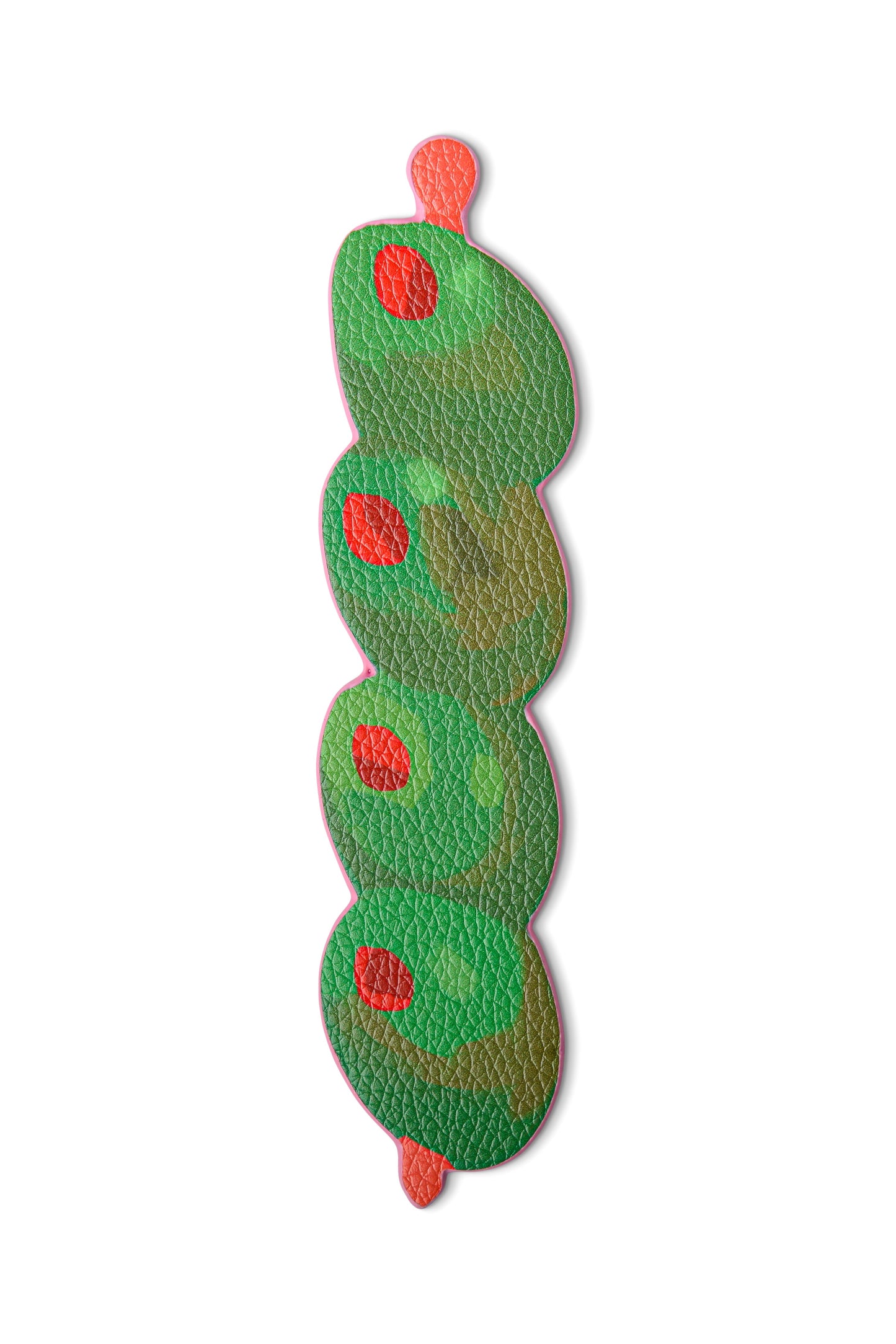 Green caterpillar with red spots on a white background