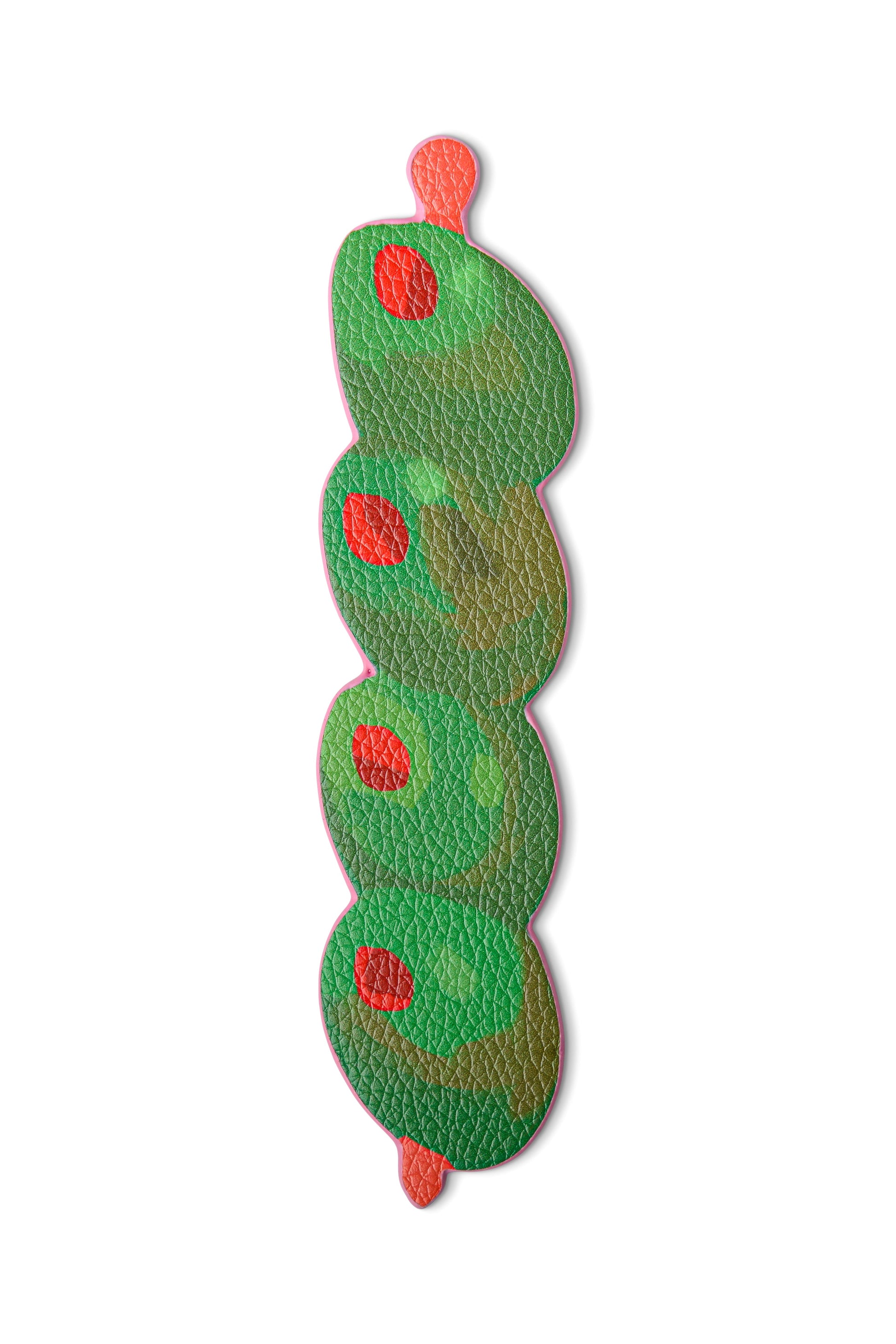 Green caterpillar with red spots on a white background