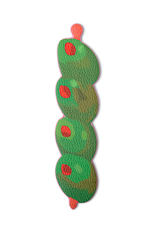 Green caterpillar with red spots on a white background