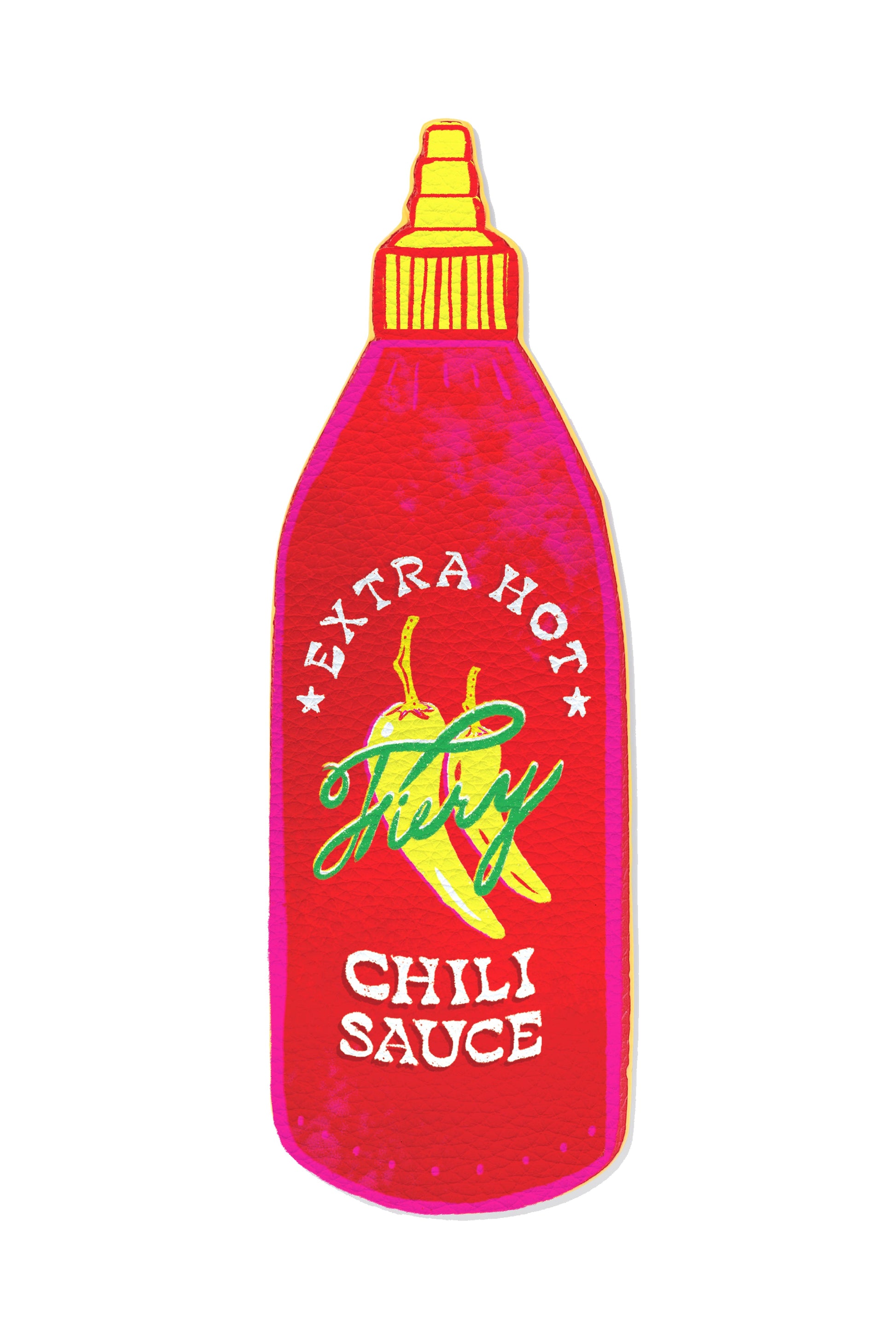 A die-cut bookmark shaped like a hot sauce bottle, featuring a bright pink-red body with a yellow cap, white text reading 'EXTRA HOT CHILI SAUCE,' and a green/yellow chili pepper graphic in the center.