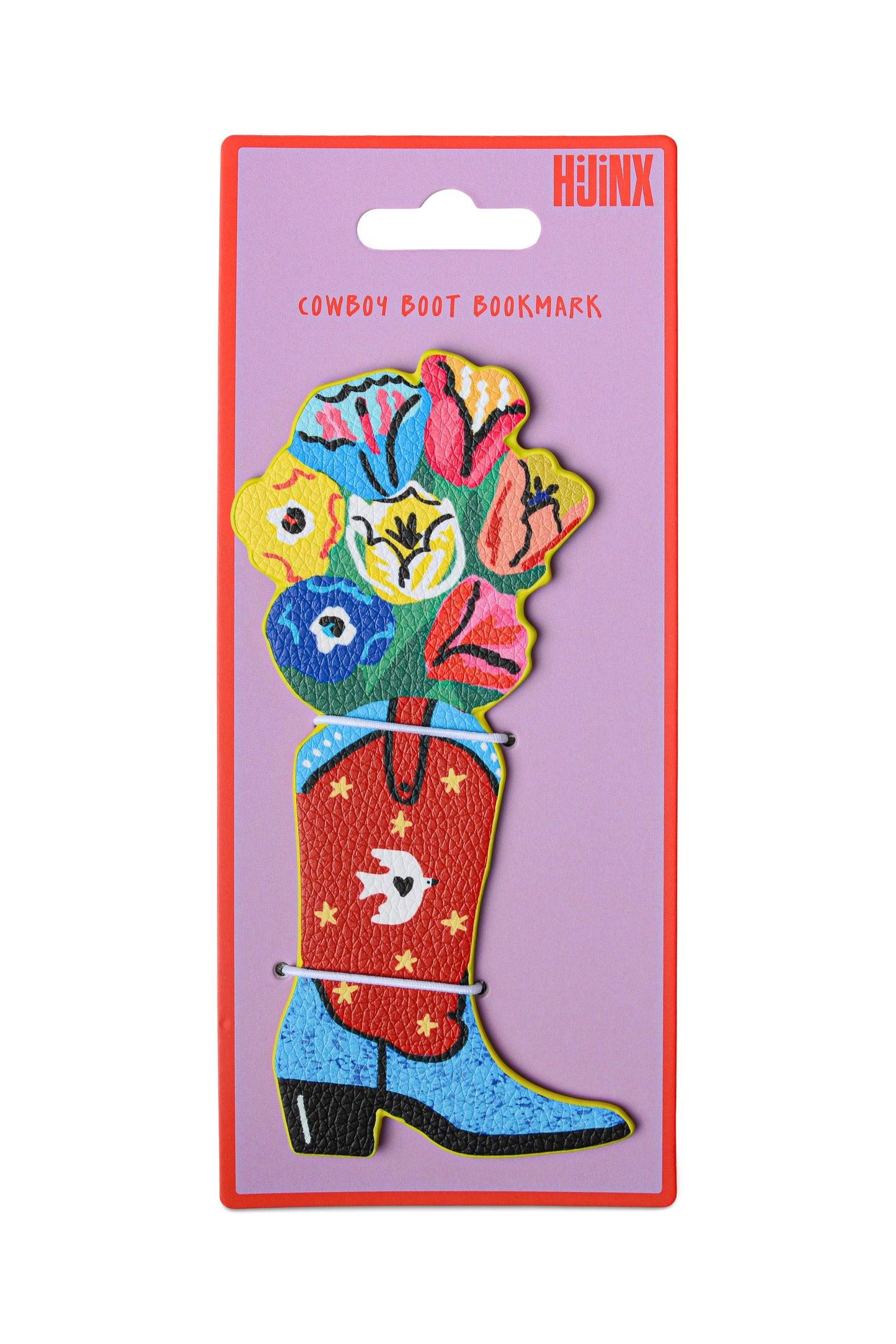 Colorful bookmark shaped like a cowboy boot with flowers on a purple card, brand 'HJINKS' visible.