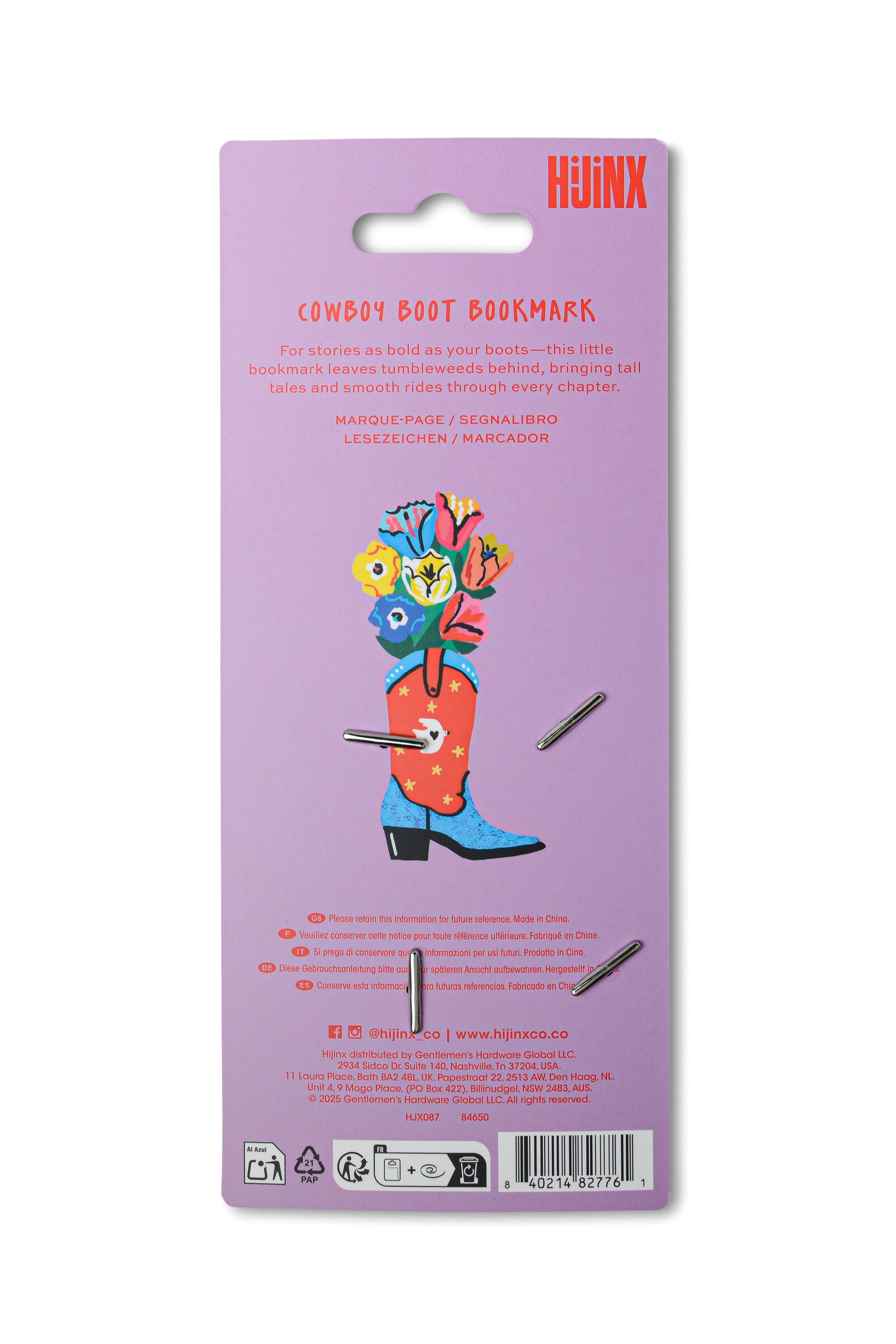 Hunjx Cowboy Boot Bookmark in its original lavender packaging card, featuring a colorful illustration of a cowboy boot filled with flowers and several small metal bookmarks shown outside the card.