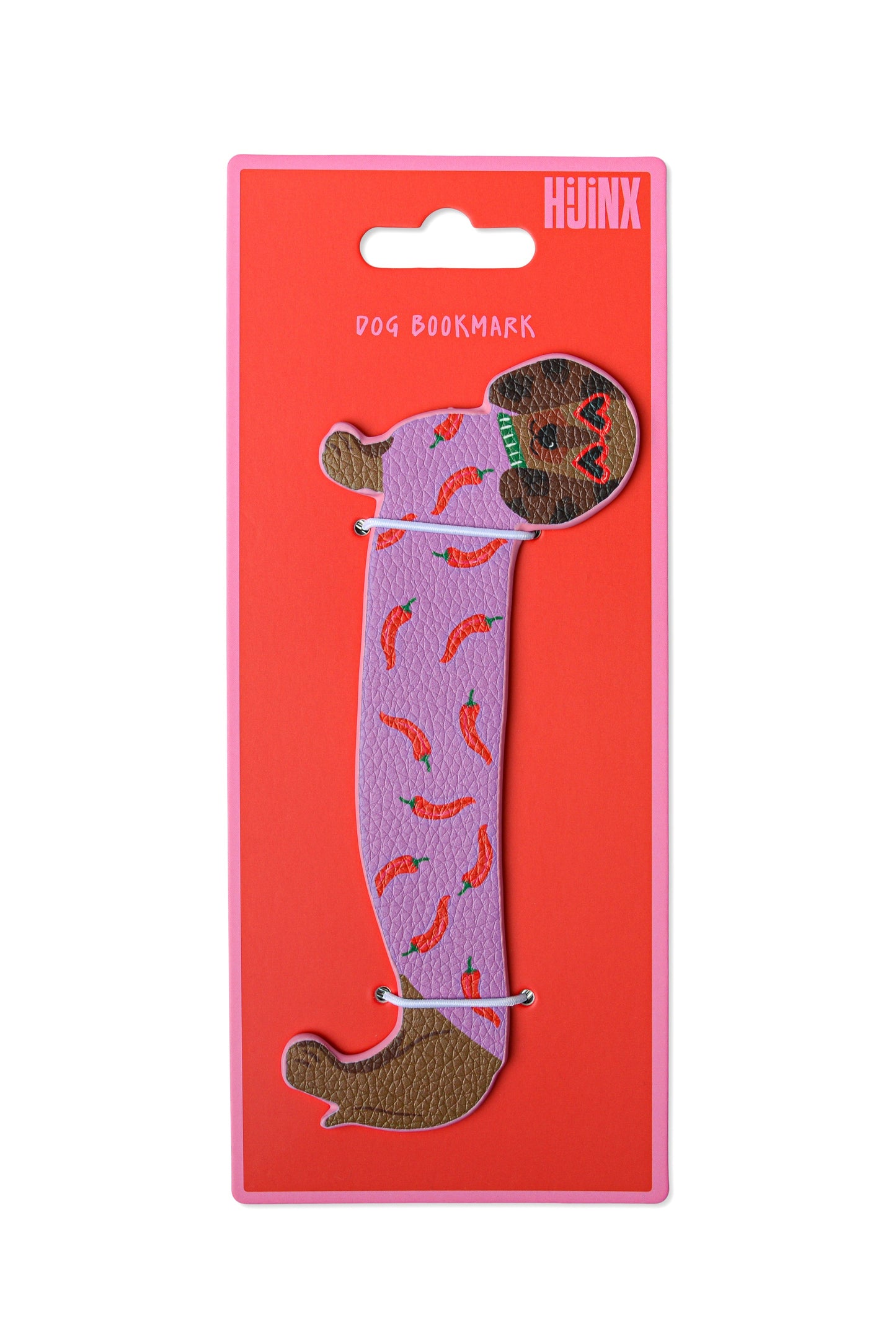 Dog bookmark with chili pepper pattern on a red Huxx packaging