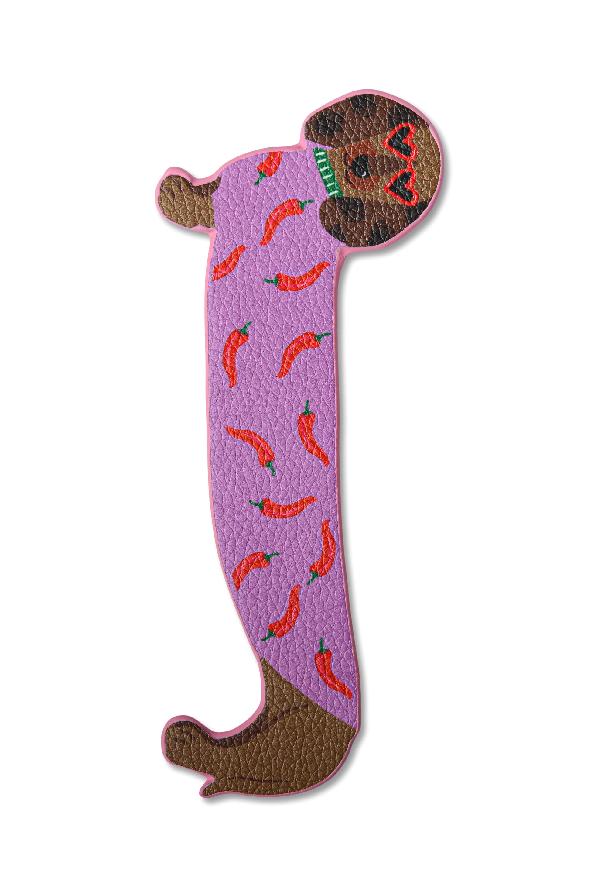 Purple boot with red chili pepper pattern on a white background