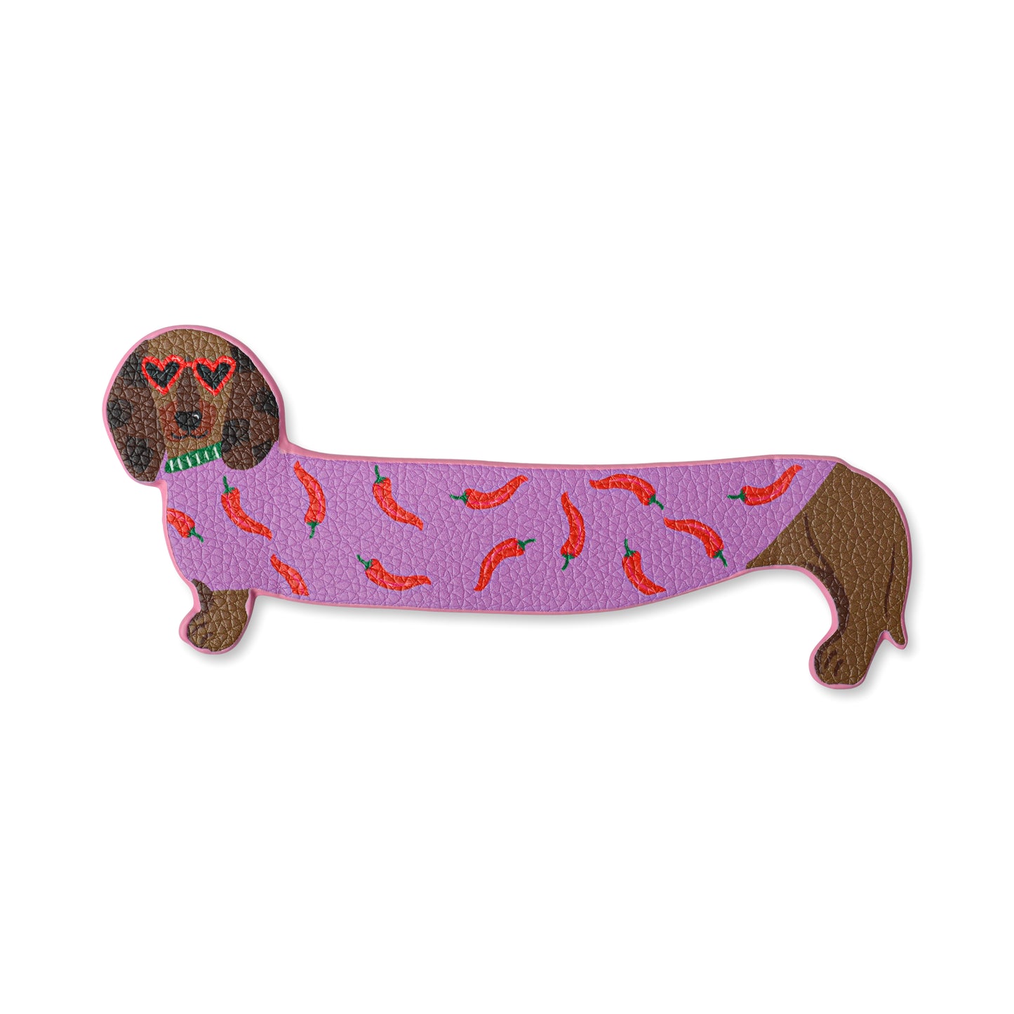 Dog shaped like a dachshund with a purple sweater and red chili pepper pattern on a white background