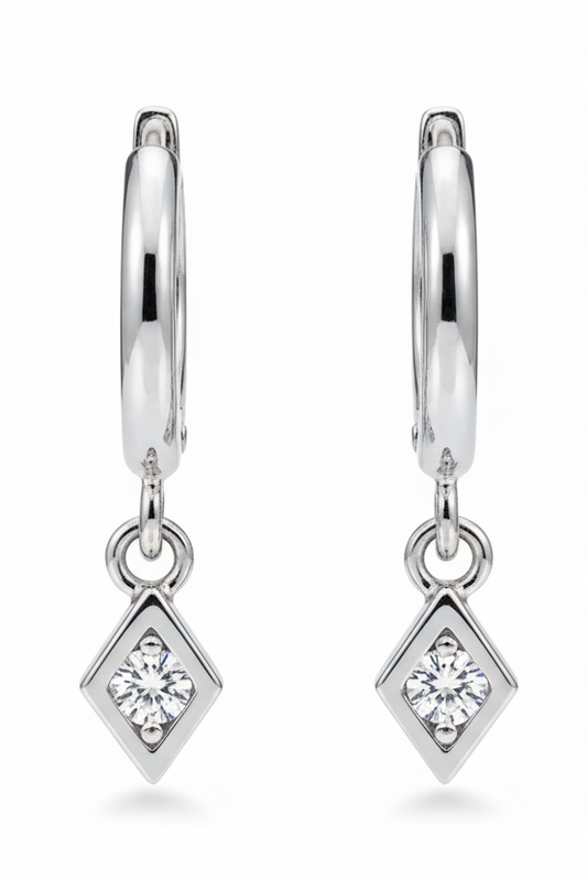 Silver earring with a diamond-shaped pendant on a white background