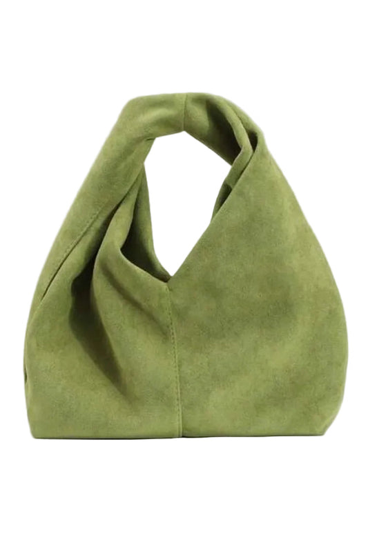 An olive green slouchy shoulder bag made of soft suede-like material, against a white background.