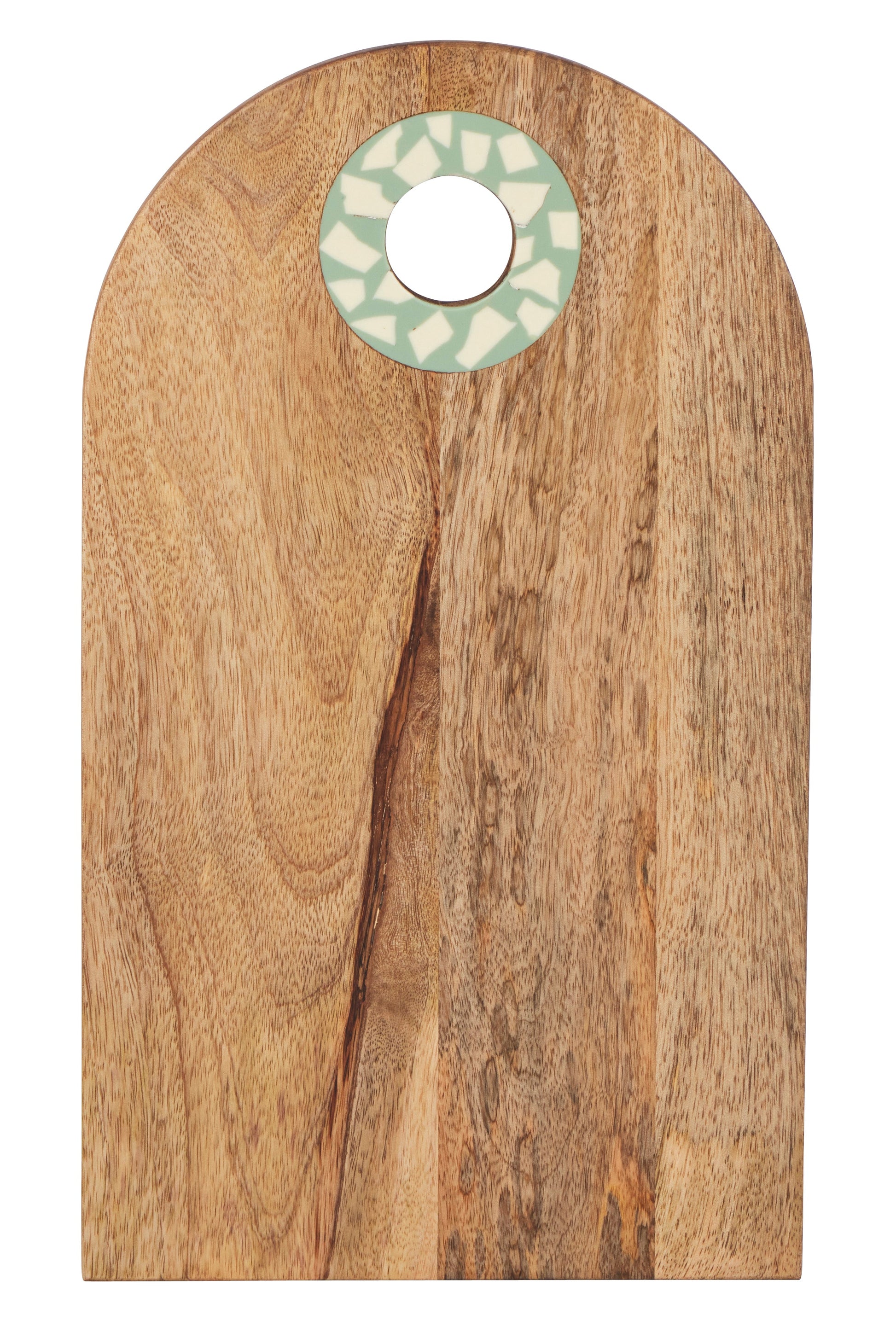 Wooden cutting board with a decorative ring on a white background