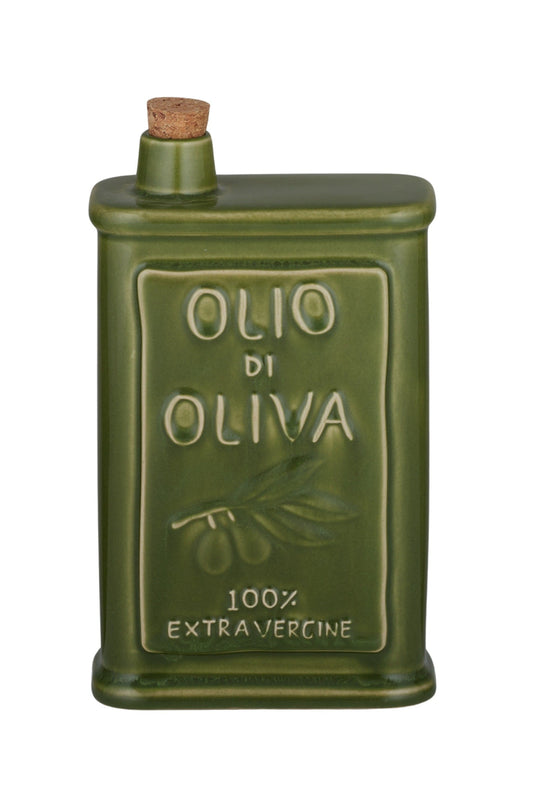 Green ceramic olive oil bottle with cork lid on a white background