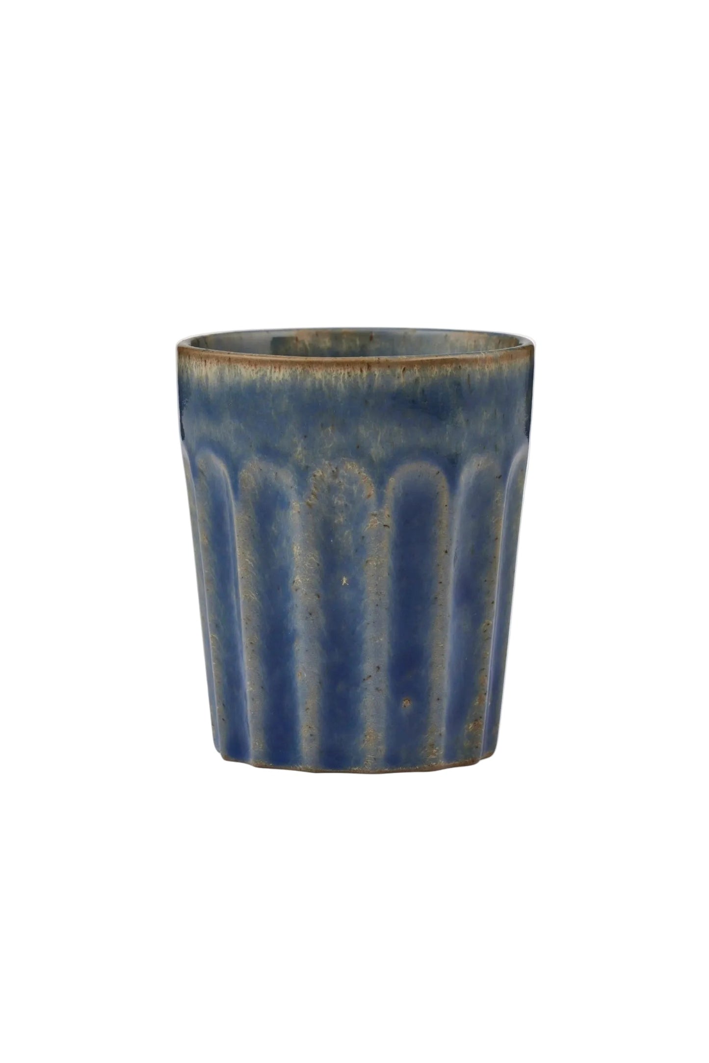 Blue ceramic planter with textured surface on a white background
