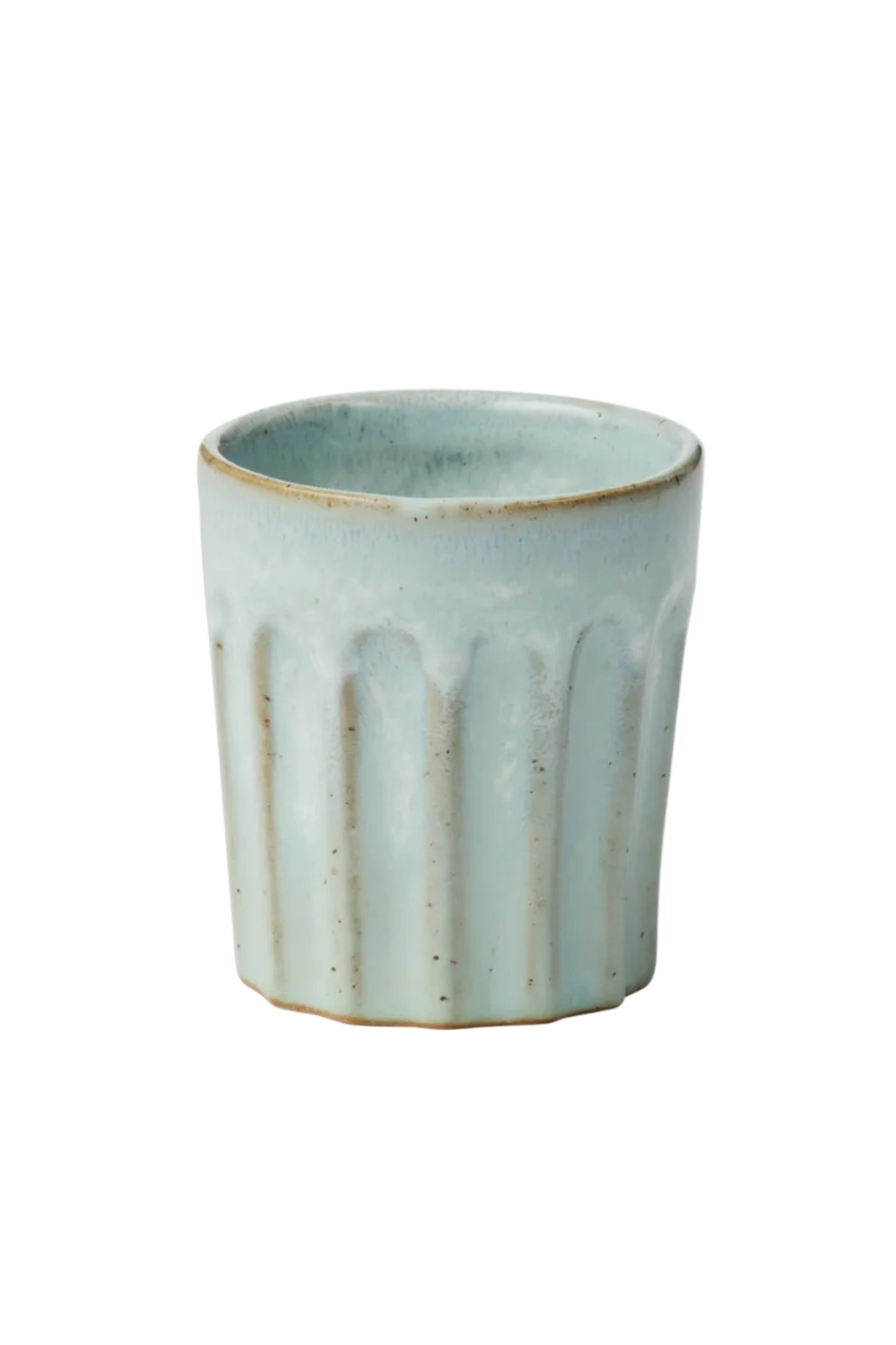 Light blue ceramic cup with textured design on a white background
