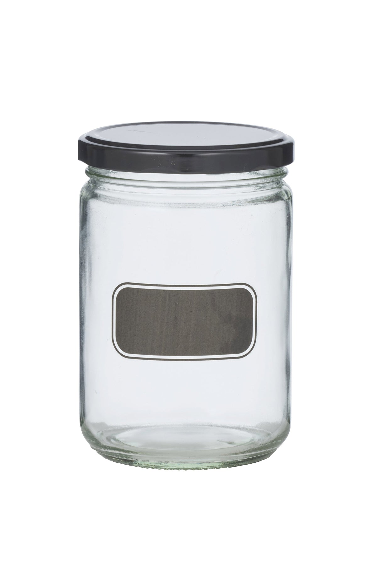 Clear glass jar with a black lid on a white background