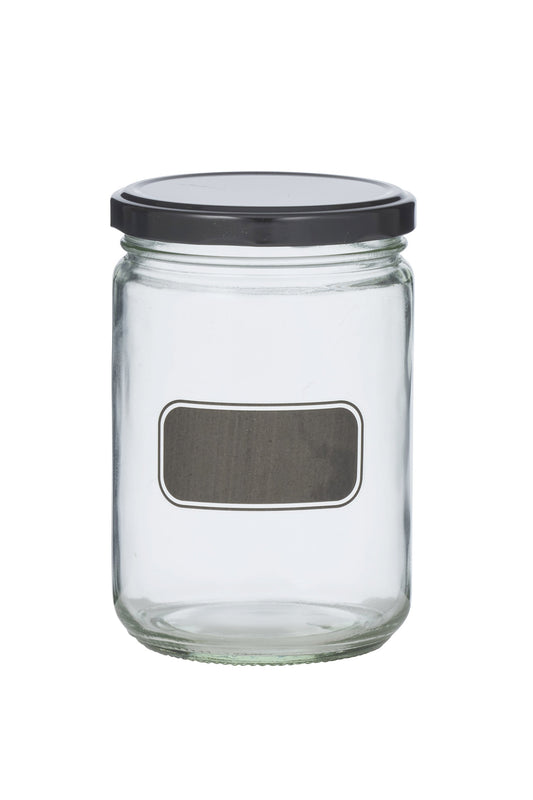 Clear glass jar with a black lid on a white background