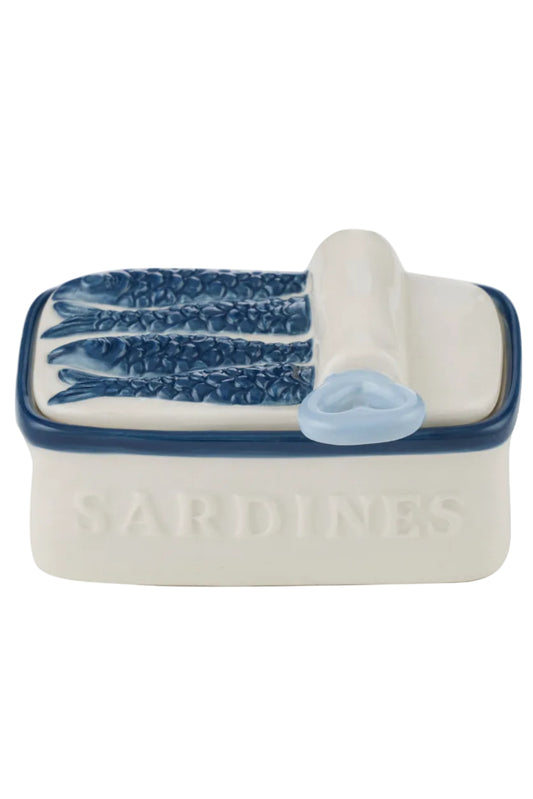 Ceramic dish with blue fish design on a white background