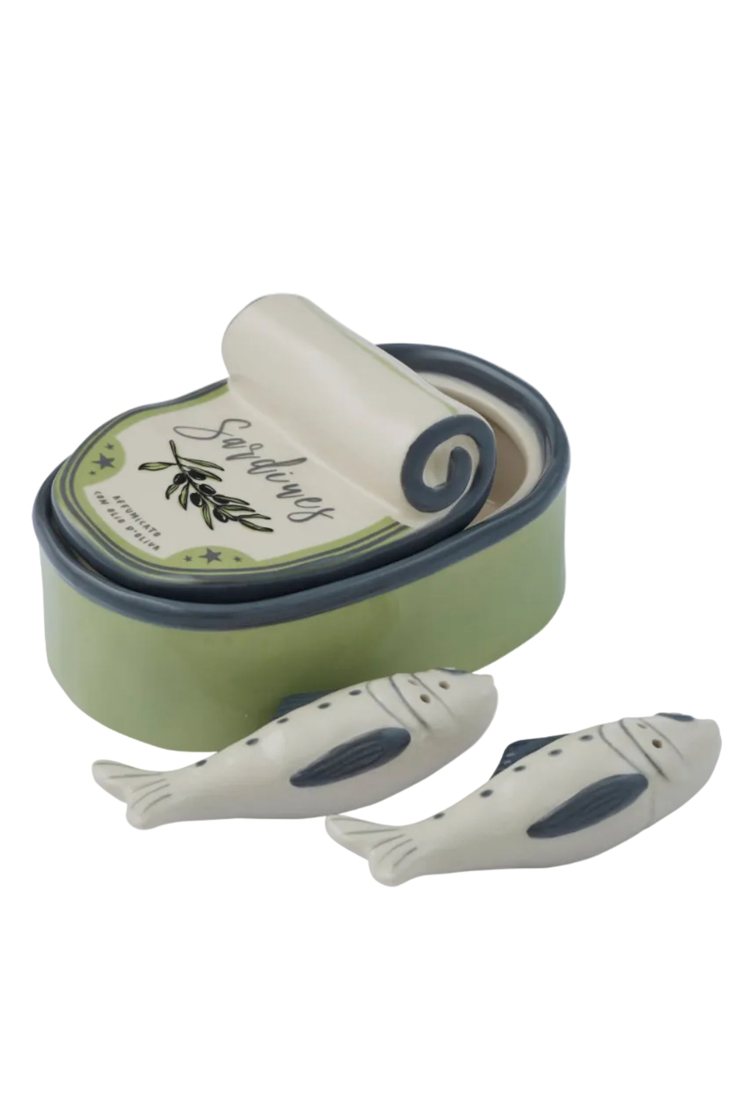 Two ceramic fish-shaped salt and pepper shakers with a green container labeled 'Salt & Pepper' on a white background.