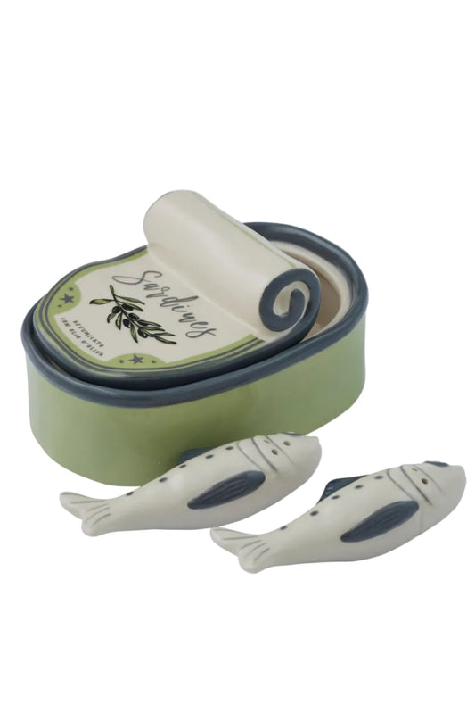 Two ceramic fish-shaped salt and pepper shakers with a green container labeled 'Salt & Pepper' on a white background.