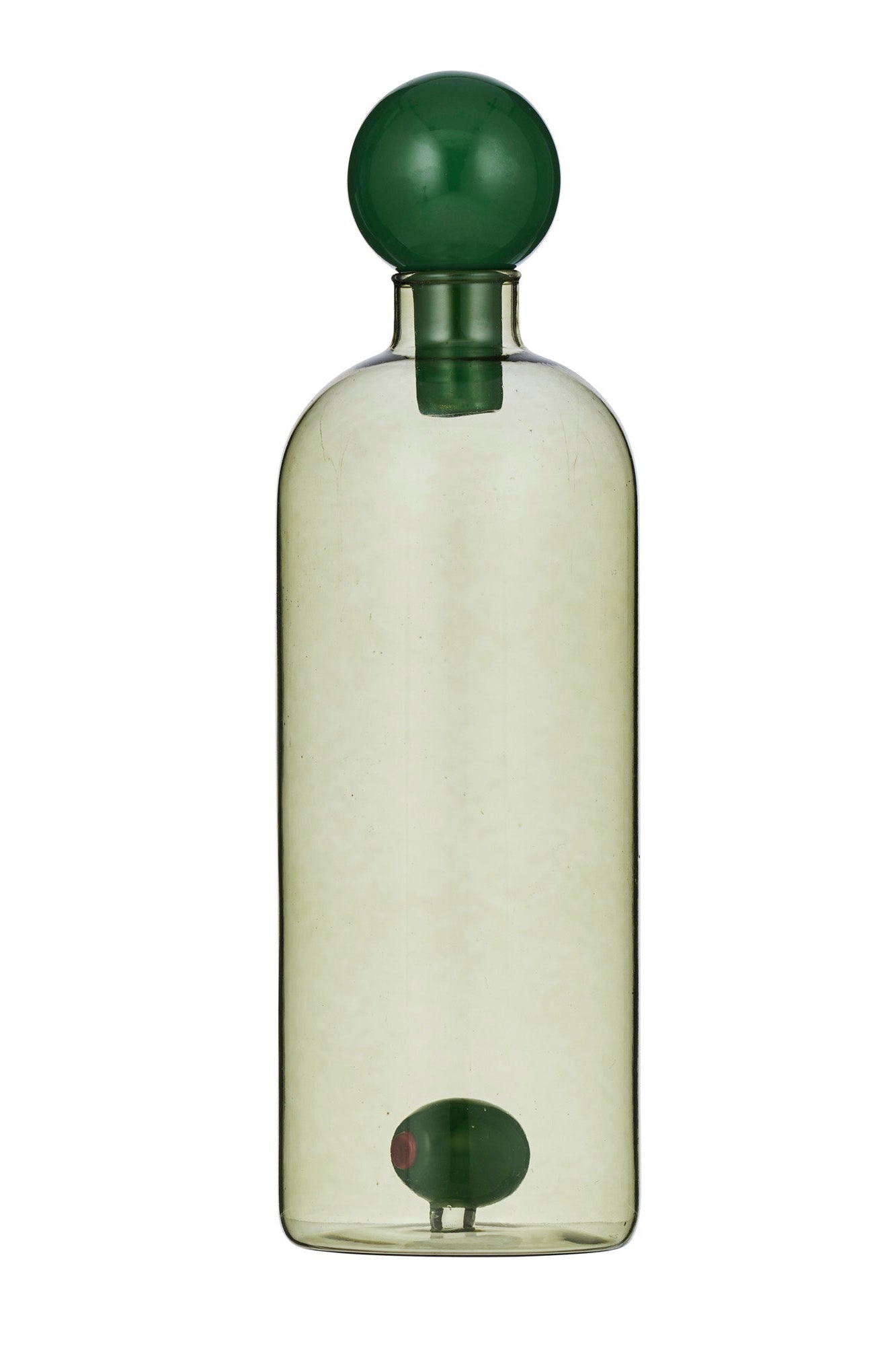 Green glass bottle with a dark green cap on a white background