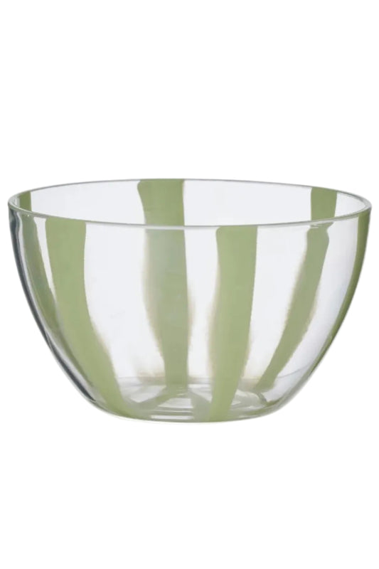 Clear glass bowl with green stripes on a white background