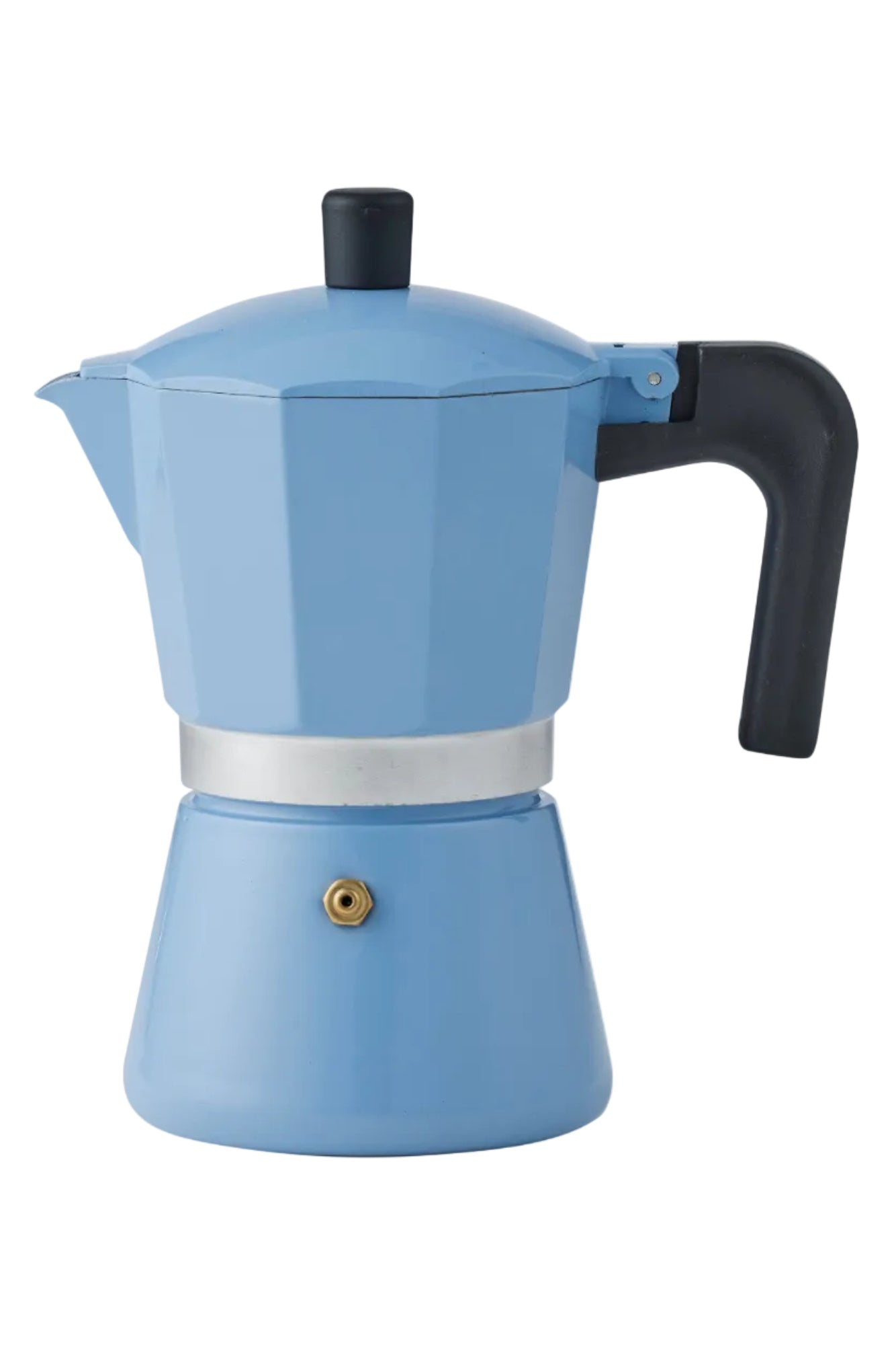 Blue stovetop espresso maker with a black handle on a white background