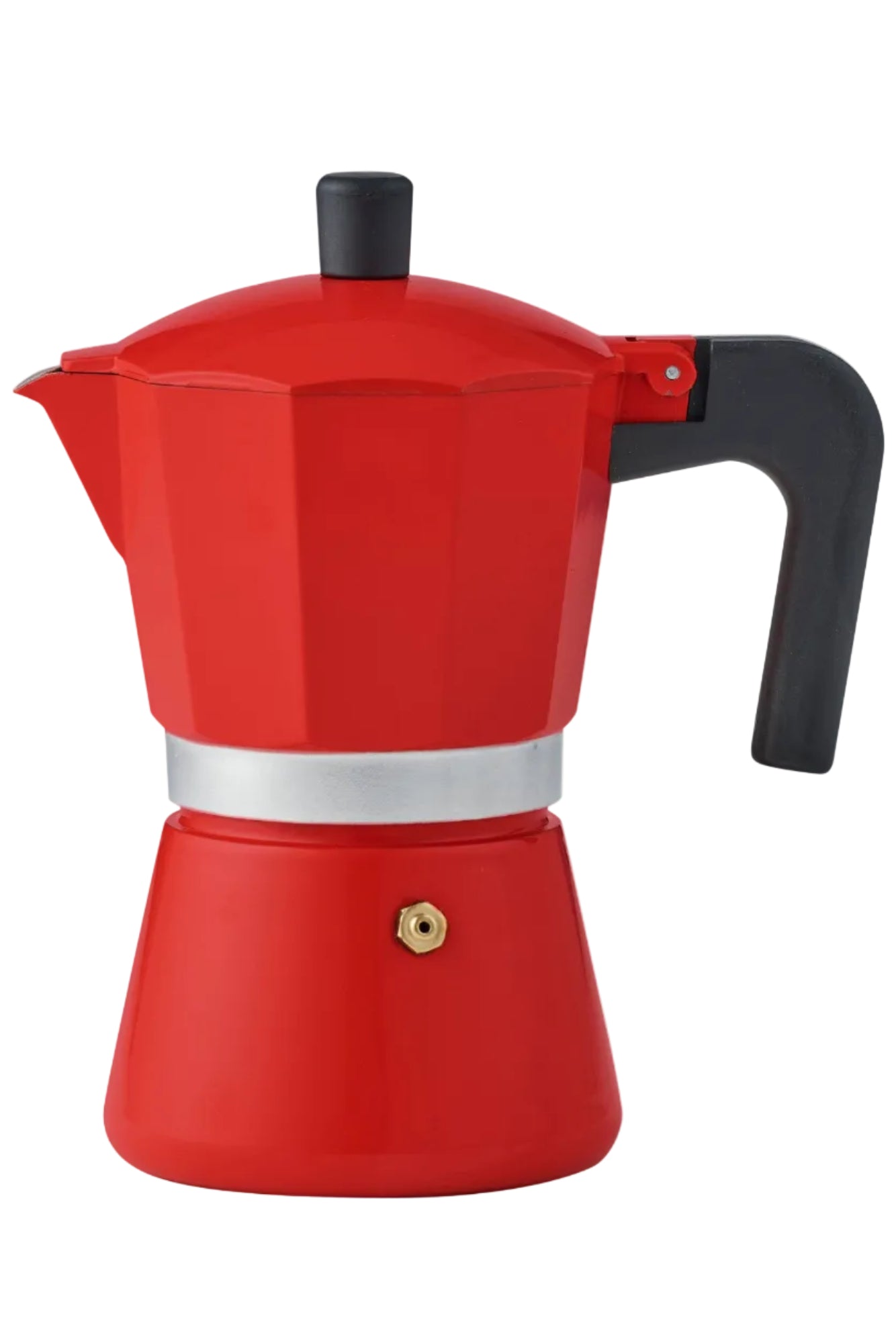 Red stovetop espresso maker with a black handle on a white background