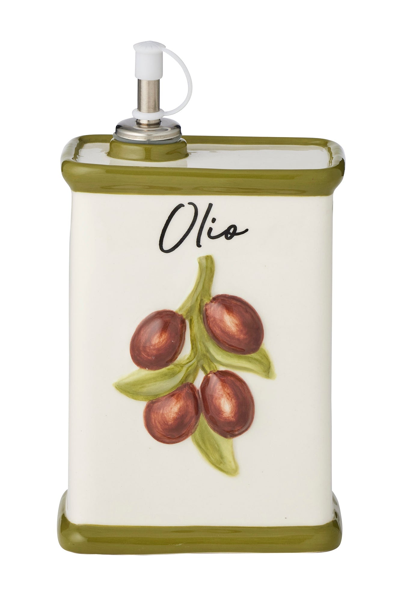Olive oil dispenser with olive design and 'Olio' text on a white background