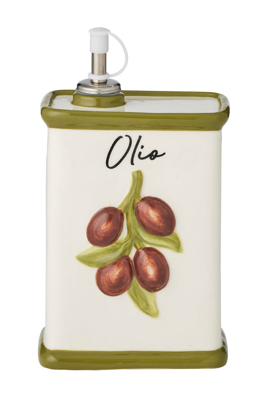 Olive oil dispenser with olive design and 'Olio' text on a white background