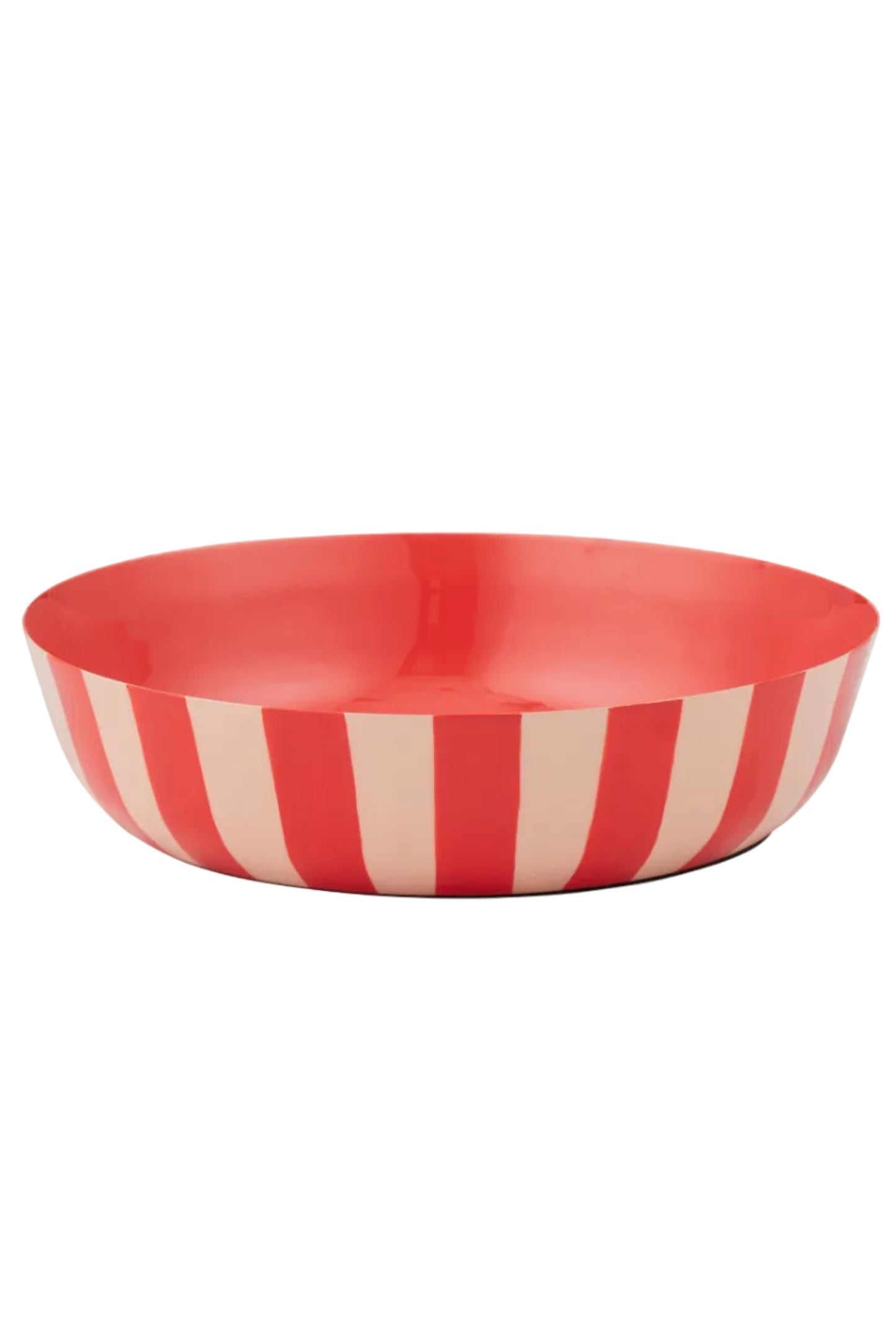 Red and nude striped bowl on a white background