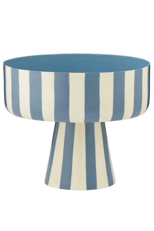 Round footed bowl with blue and white striped pattern on a white background