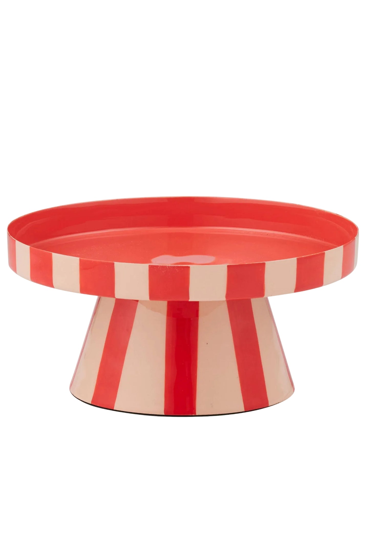 Red and beige striped cake stand on a white background