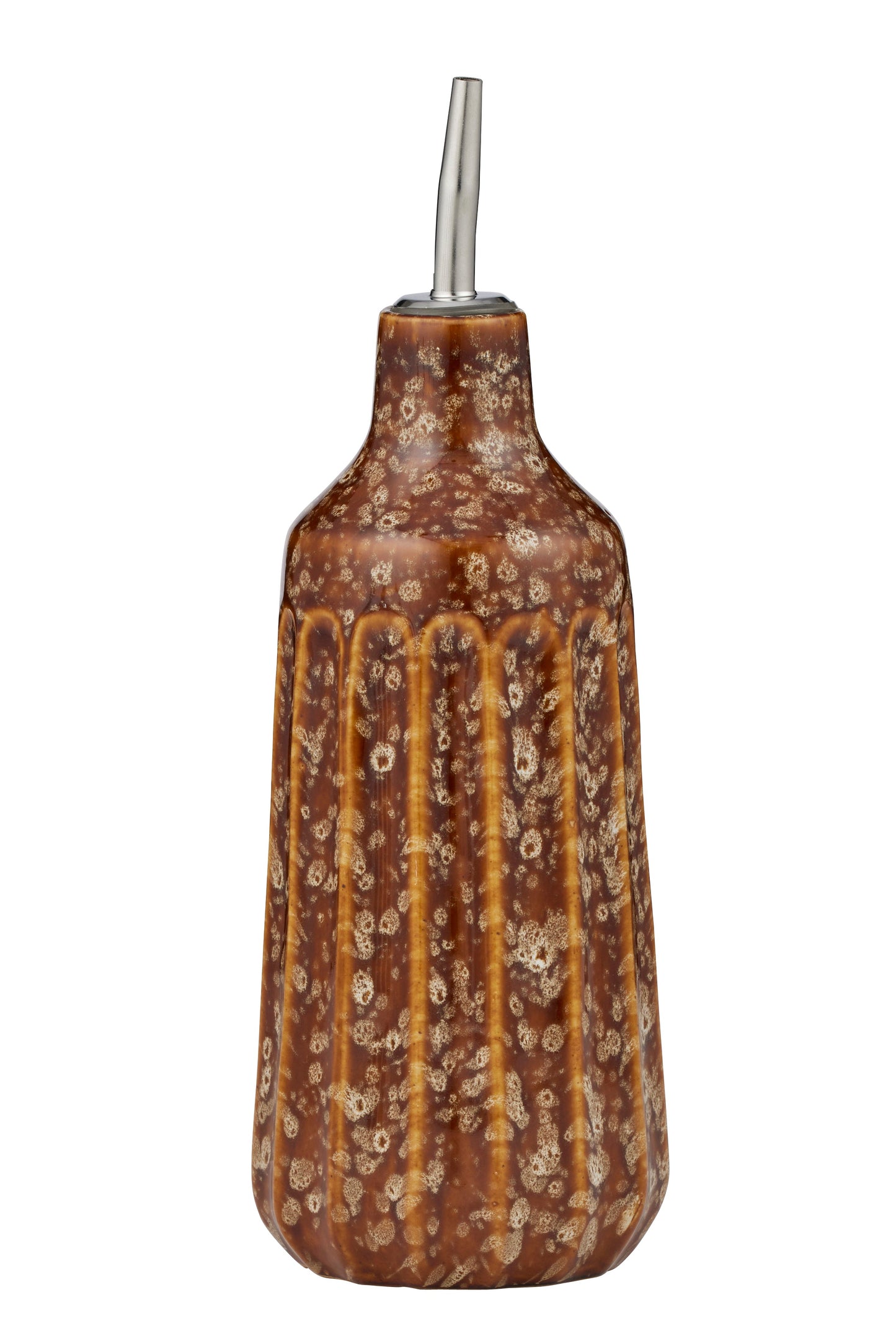 Brown ceramic bottle with a silver nozzle on a white background