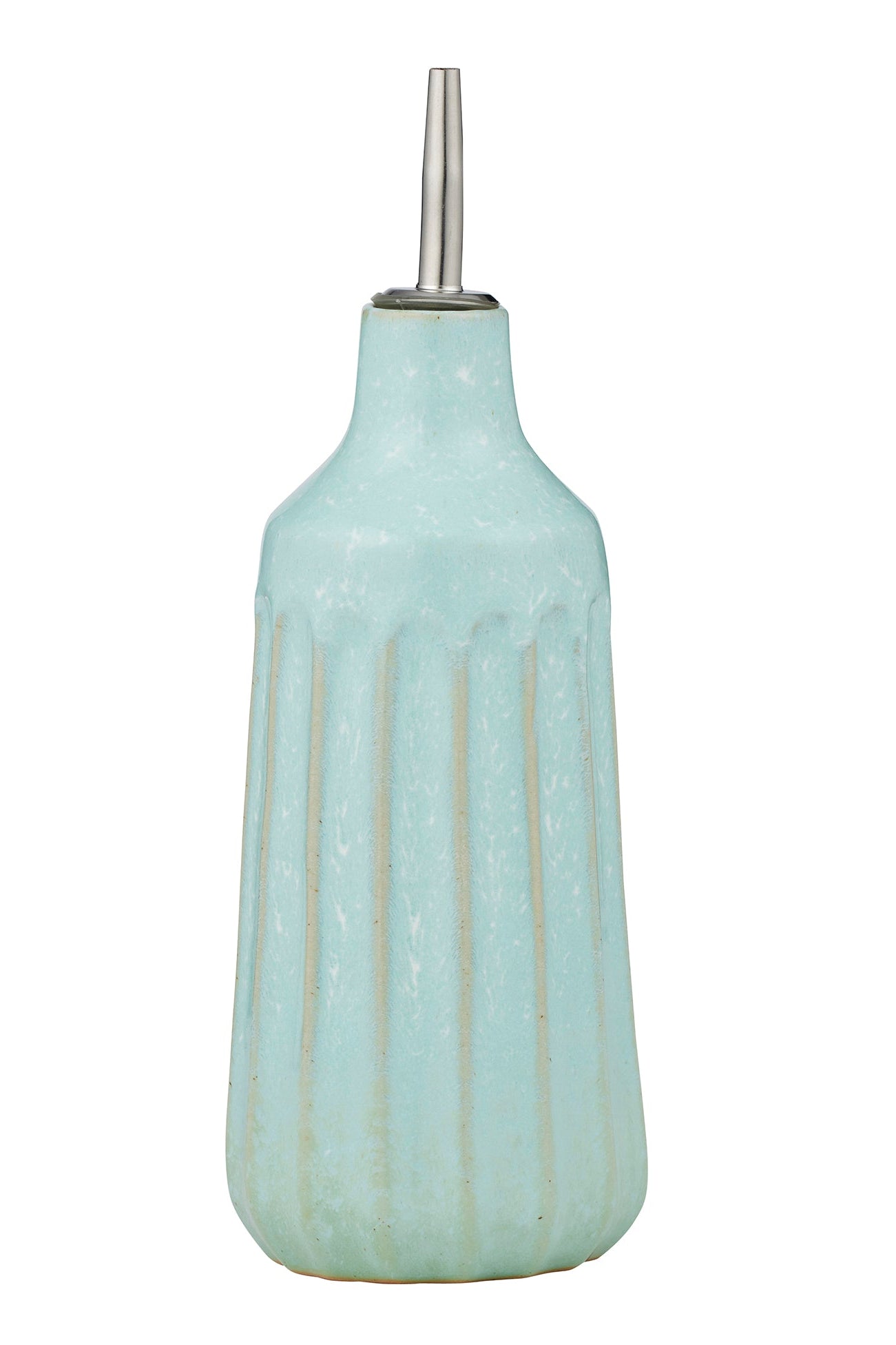 Light blue ceramic bottle with a metallic cap on a white background