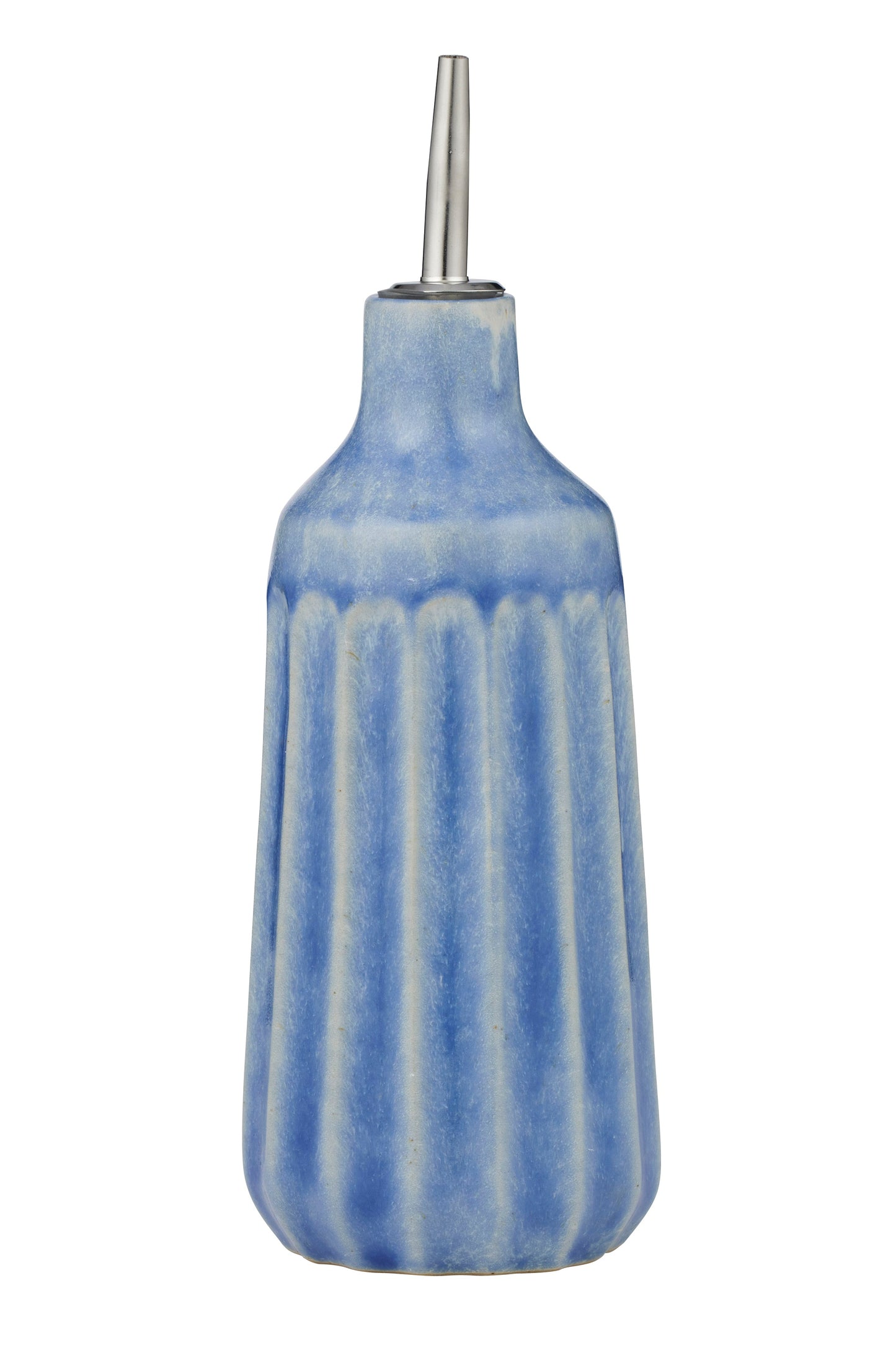 Blue ceramic bottle with a silver nozzle on a white background
