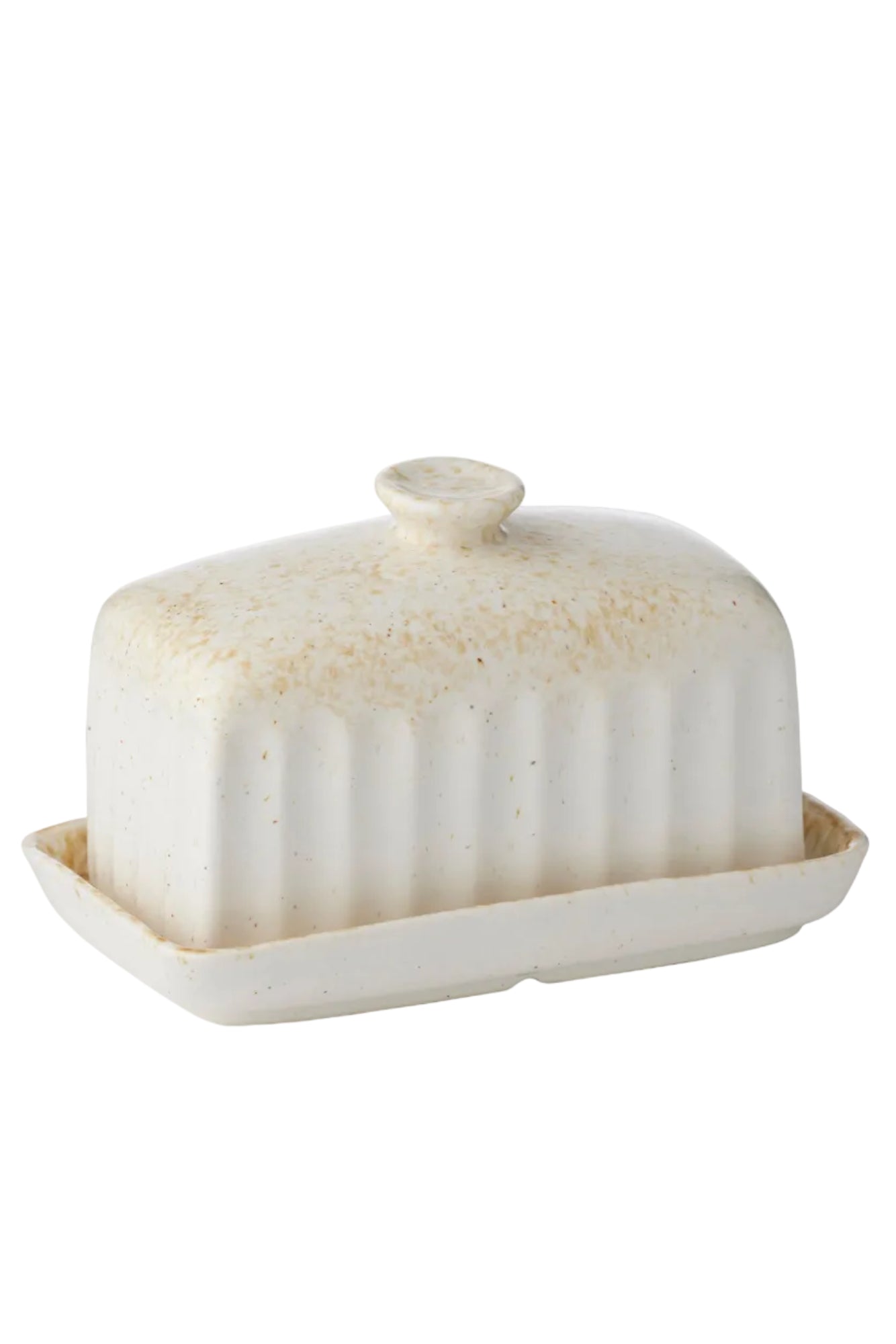White ceramic butter dish with lid on a white background