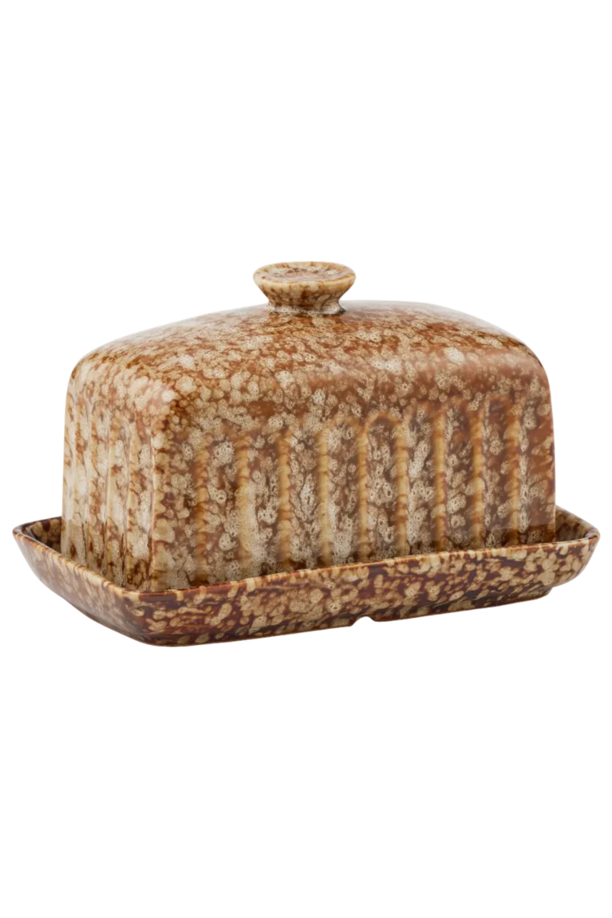 Brown ceramic butter dish with lid on a white background
