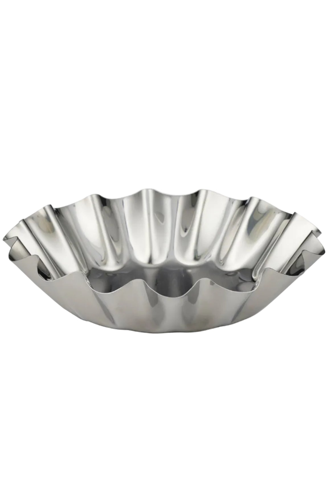 A shiny silver fluted metal bowl or tart pan with a scalloped rim, photographed on a plain white background.