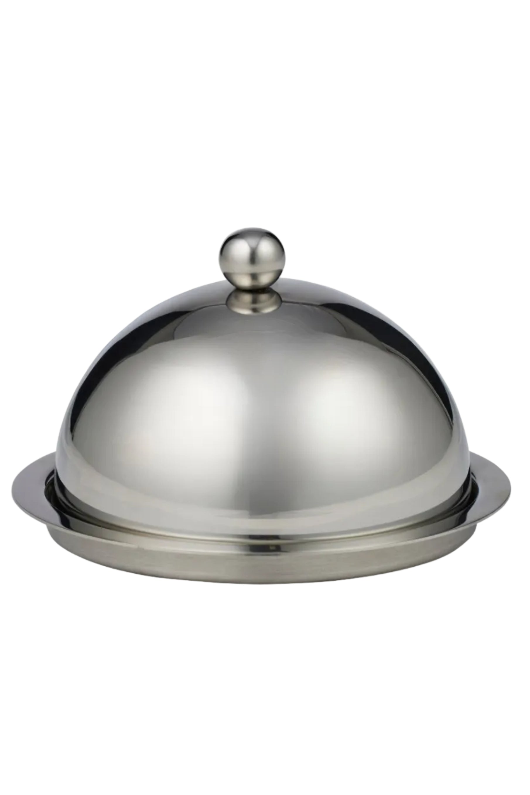A polished stainless steel cloche dome with a matching circular base and a small spherical knob on top, shown on a plain white background.